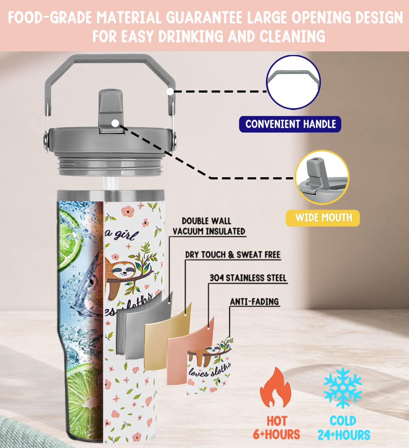 Sloth Tumbler With Handle & Flip Straw Cute Sloth Coffee Travel Mug Insulated Water Bottle