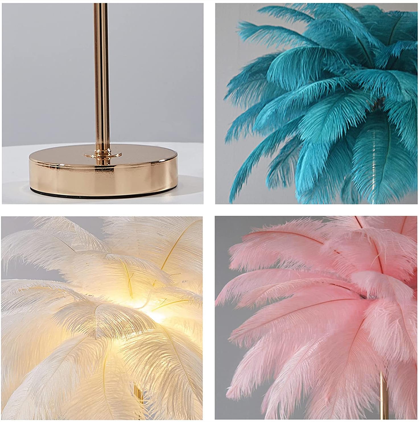 Lincwonz White Ostrich Feather Lamp,3-Color Temperature Modes,40 Feathers And 5 G4 Led Light Bulbs,Pink Lamp For Girl'S Bedside,Golden Base (Blue-Green)