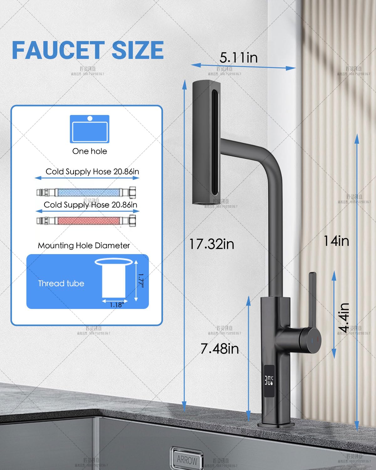 Xianpioo Waterfall Kitchen Pull Down Faucet With Temperature Display In Celsius(Batteries-), Matte Grey Stainless Steel Widespread Kitchen Faucet, 4 Function Sprayer & 360 Swivel Spout For Kitchen Rv Bar