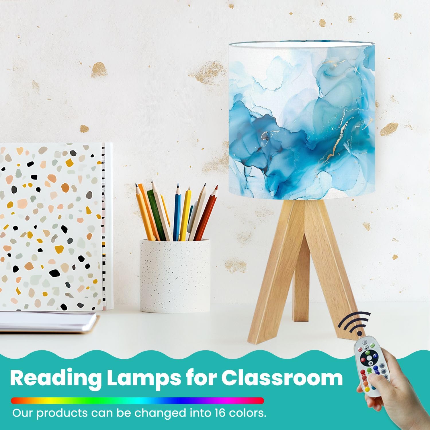 Oepwqiwepz Tripod Bedside Desk Table Lamp Cyan Blue Liquid Watercolor Golden Stains Teal Turquoise Marble Wood Nightstand Lamp With Linen Fabric Shade For Nursery Bedroom Living Room Kids Room