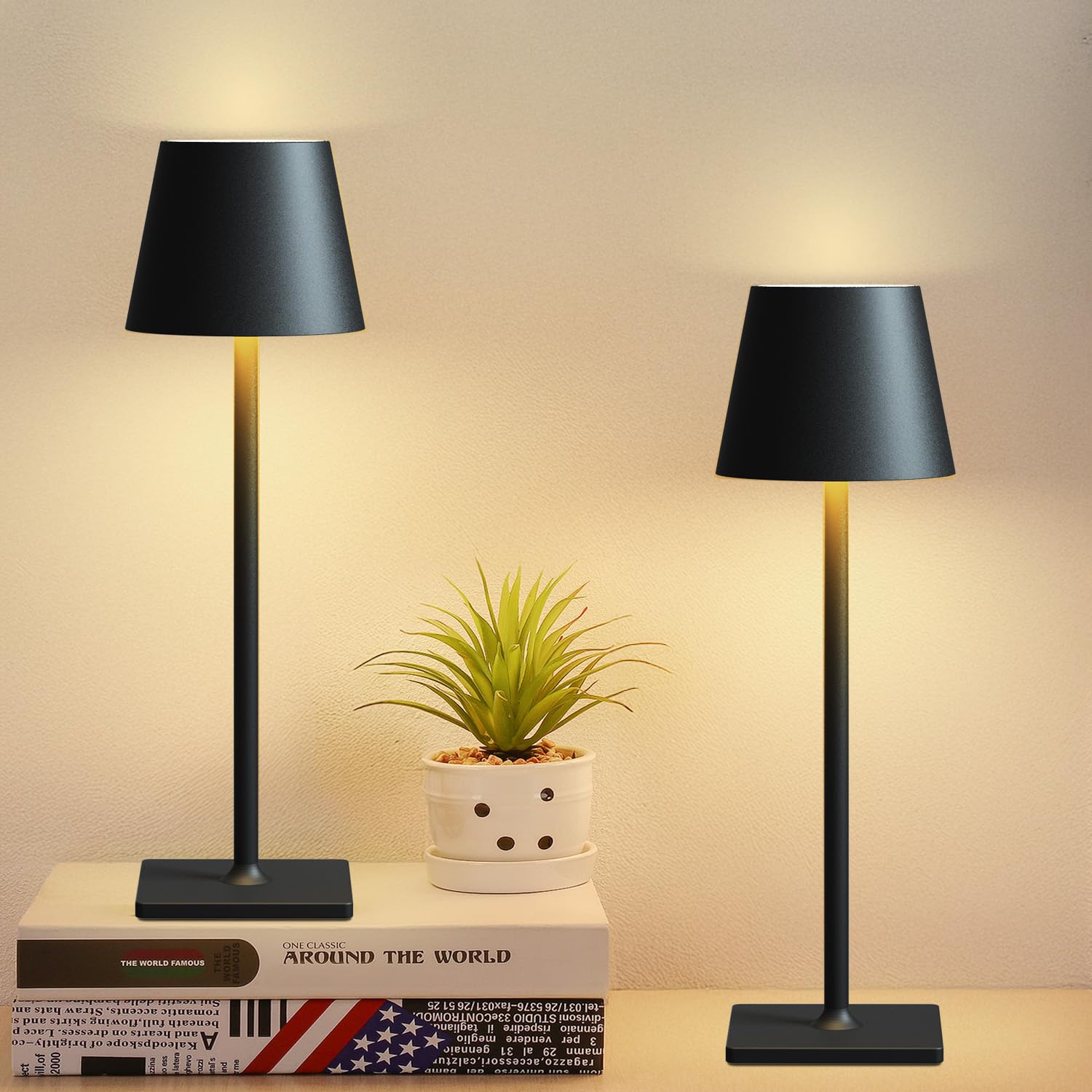 Fizrice Cordless Table Lamp Rechargeable Lamps: 6000Mah Battery Operated Table Lamp Outdoor Waterproof, Touch Control, Portable Wireless Desk Lamp For Dinner/Bedroom/Restaurant(Black 2 Pack)