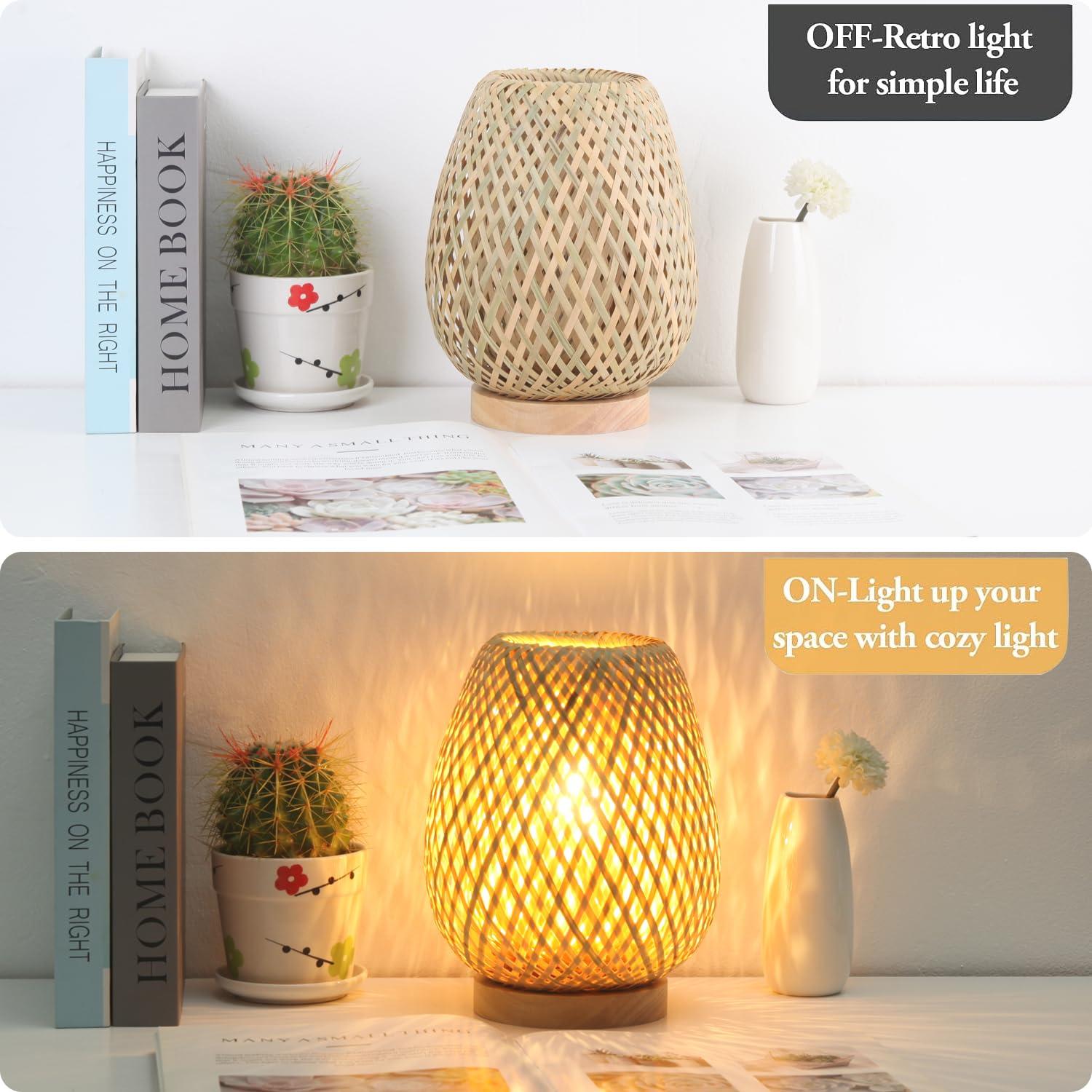 Tingsize Boho Table Lamp Dimmable Small Rattan Nightstand Lamps For End Table Side, Vintage Wicker Wooden Bamboo Woven Desk Bedside Lamps For Bedroom Living Room Kids Room, 2700K T45 Led Bulb Included