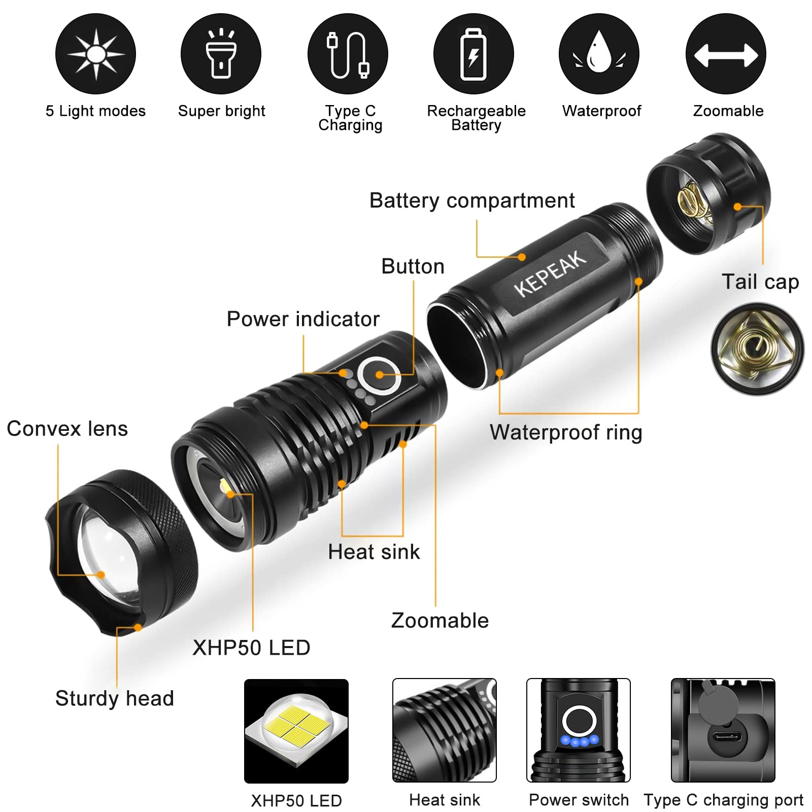 Kepeak Flashlight, Rechargeable 5000 High Lumen Tactical Handheld Waterproof Zoomable Led Flashlight With 5 Light Modes For Emergency, Camping And Hiking