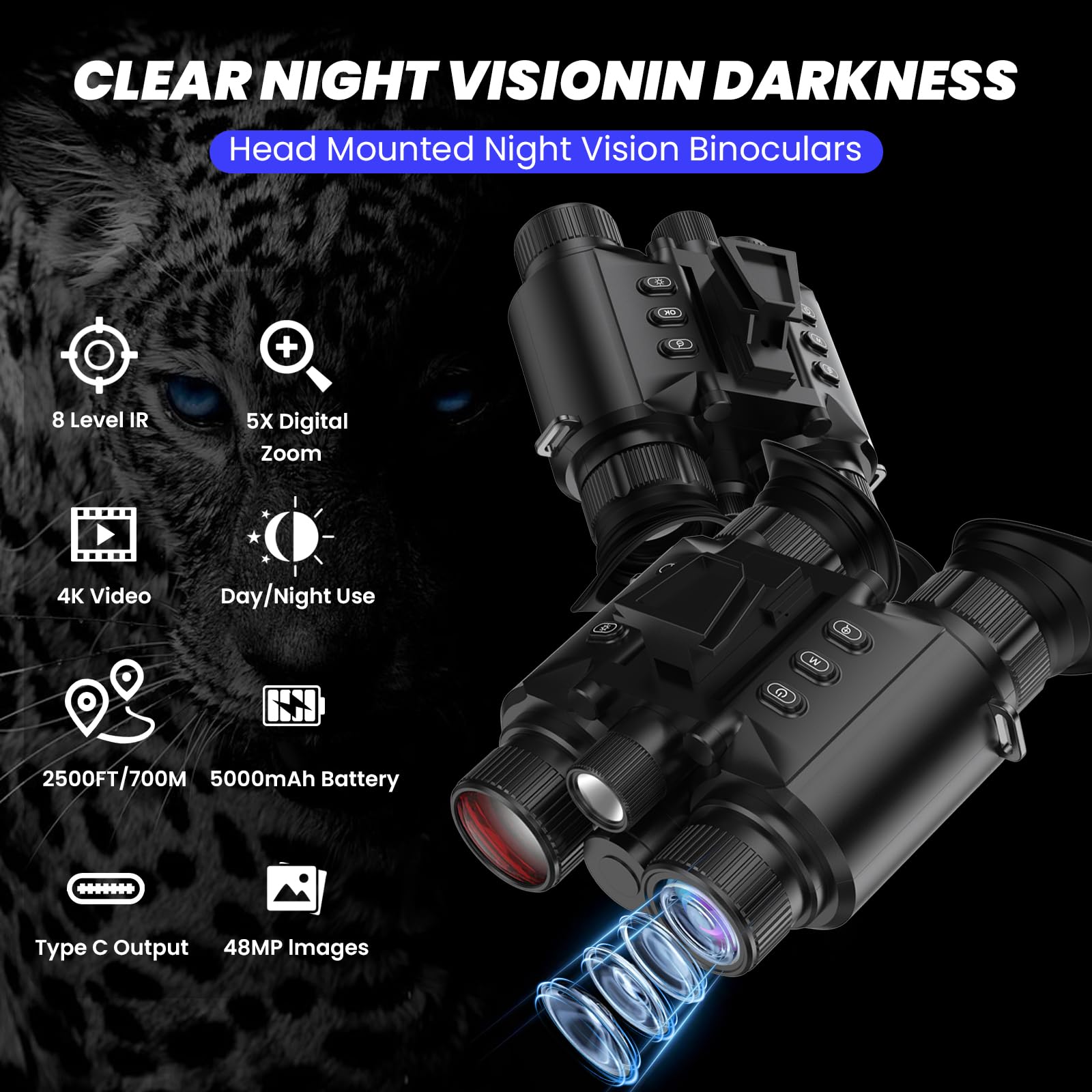 Asika Night Vision Goggles, Night Vision Binoculars For Adults, 4K 2500Ft Head-Mounted Infrared Nvg With 64Gb Card, UtilityLight, 8X Digital Zoom For Outdoor, Camping And Travel Clear Vision At Night