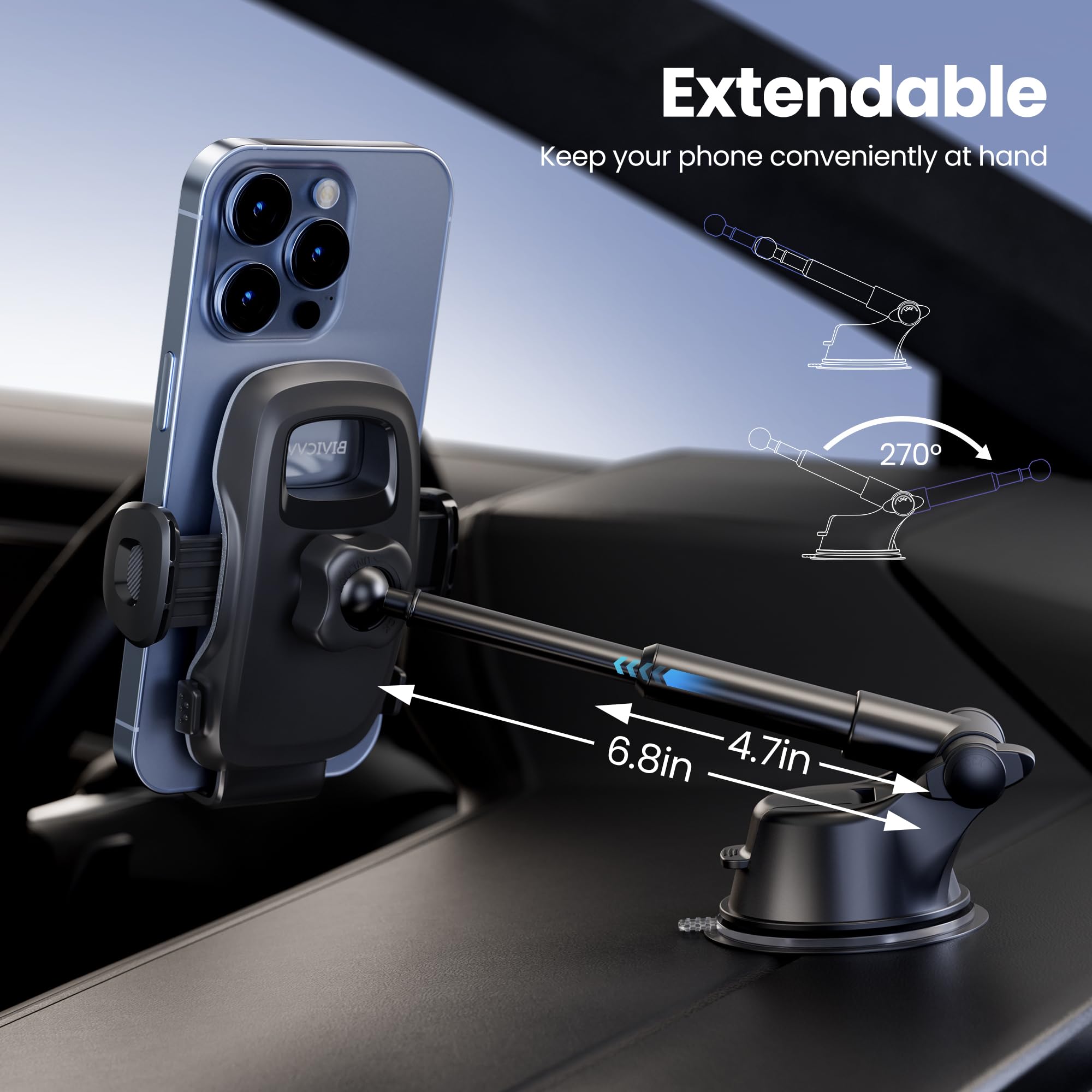 Bivicvvu Car Phone Holder, Phone Holders For Your Car Dashboard Windshield, 360° Adjustable (4.8-7") Telescopic Arm, Suction Cup Cell Phone Holder For Truck Cradles Universal Car Mount For All Smartphones