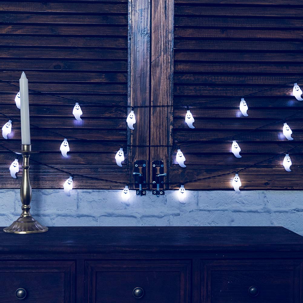 Qunlight Solar String Lights, Halloween Decoration, 8 Modes 2Pack 20Ft 30 Led Waterproof Outdoor Decorative Ghost Fairy For Patio, Garden, Gate, Yard, Halloween Christmas Decoration