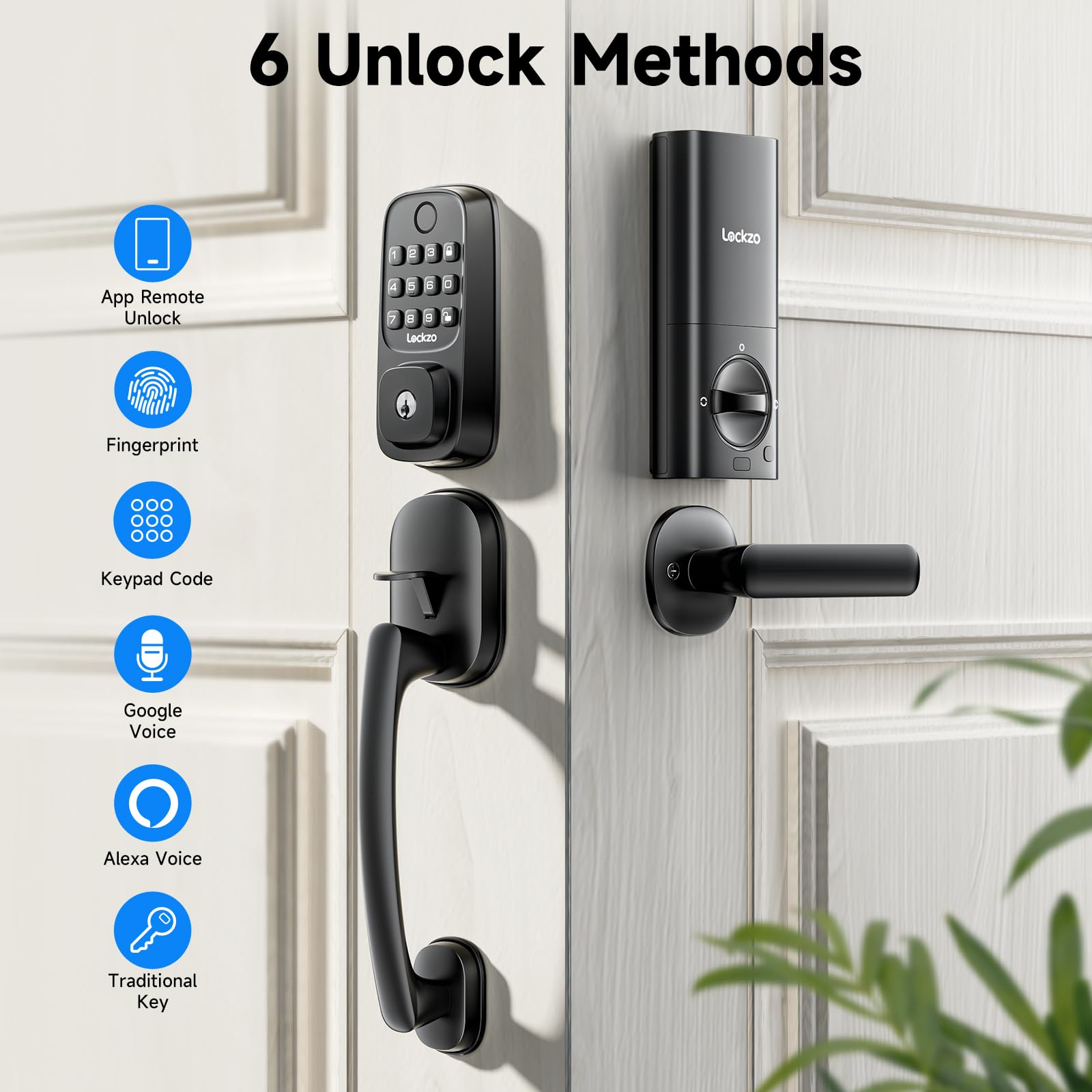 Lockzo Smart Door Lock With Handle, Keyless Entry Door Lock Deadbolt Handle Set, Built-In Wifi Deadbolt Smart Lock For Front, Fingerprint, Keypad Code, App Control, Voice Control