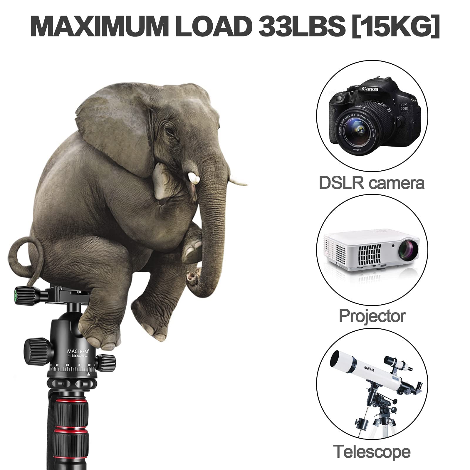Mactrem 84" Camera Tripod, Dslr Tripod Heavy Duty For Travel, 360 ° Ball Head Professional Aluminum Tripod & Monopod With Carry Bag Compatible With Canon Nikon Binoculars Laser Telescope, 33Lb Load