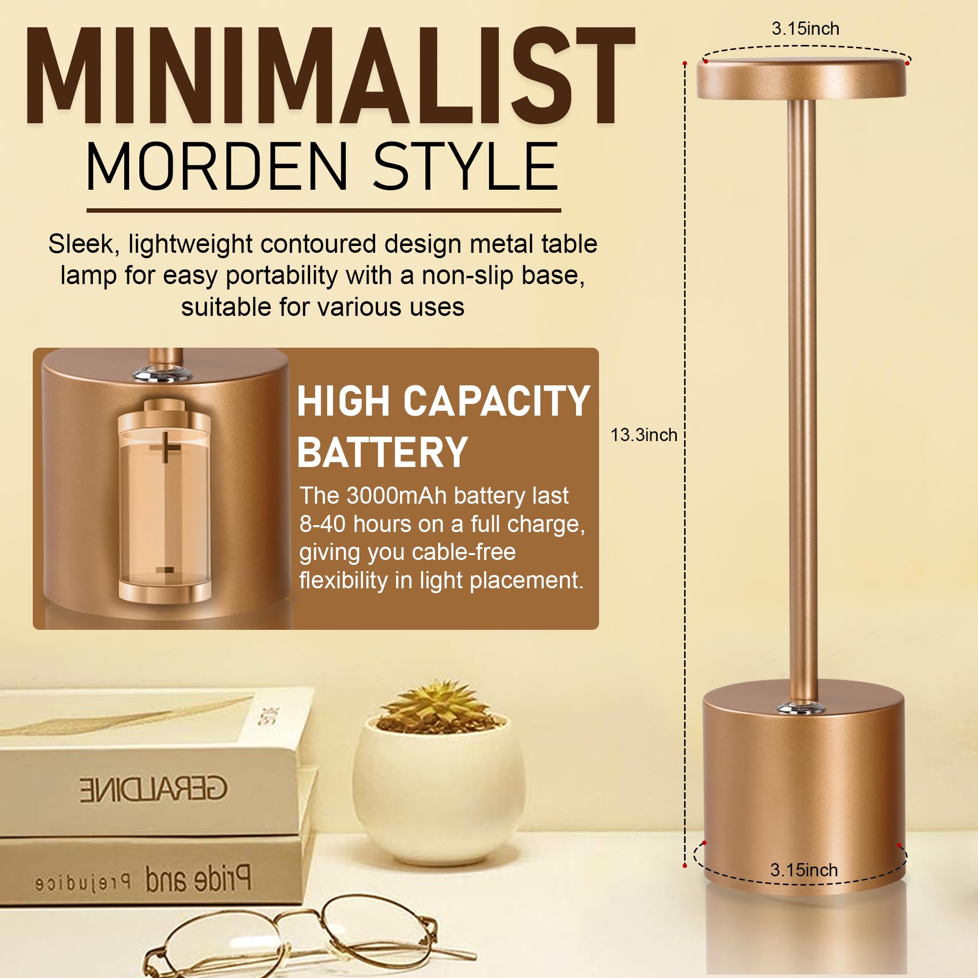 Moss & Stone 2 Pack Led Cordless Portable Table Lamp, Usb Cordless Desk Lamp, 3000Mah Rechargeable Table Lamp Up To 20 Hours For Restaurant, Bedroom, Outdoor, Camping 3-Levels Stepless Dimmable