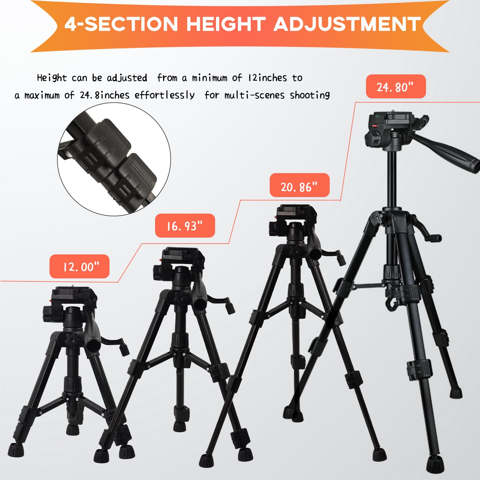 Kakotopa Lightweight Desktop Tripod - 4-Section Adjustable 3-Way Pan/Tilt Head Head, 360° Rotation, Compatible With Cellphone/Dslr/Slr/Projector,Perfect For Vlogging/Video Conferencing (Matt Black)