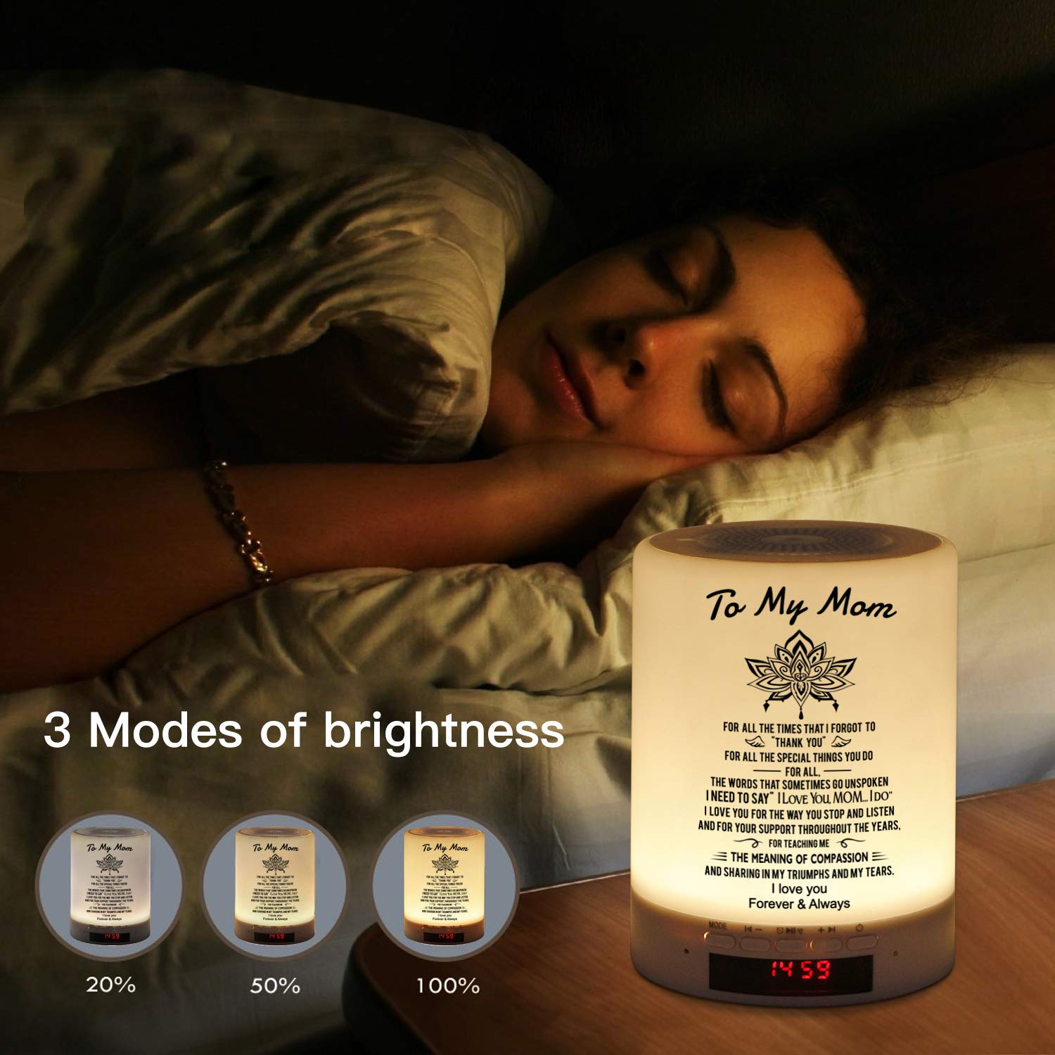 Kenon Engraved Touch Table Lamp For Mom, Personalized Touch Sensor Bedside Lamps With Bluetooth Speaker, Birthday Mother'S Day For Mom