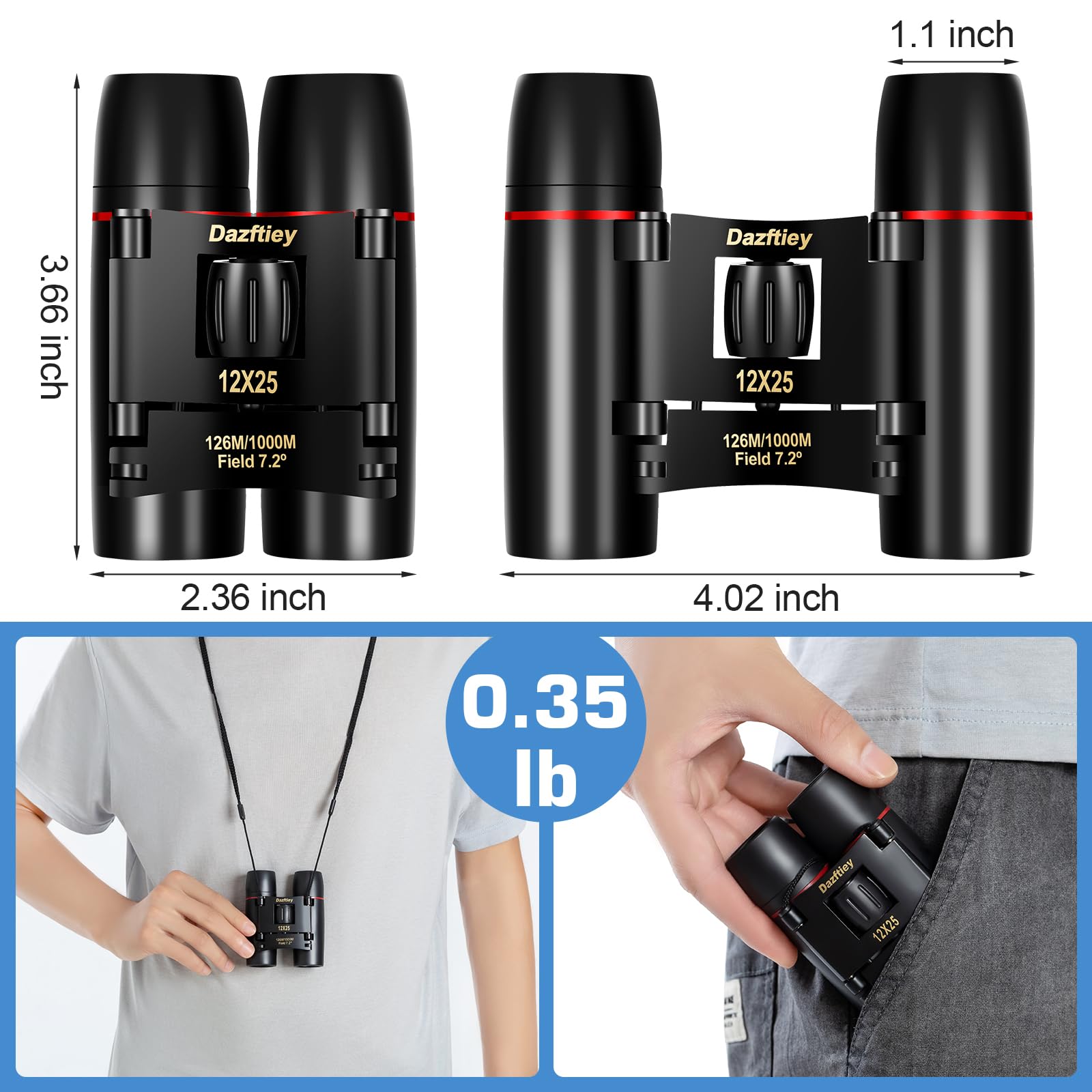 Dazftiey 12X25 Small Compact Binoculars For Adults & Kids - Mini Lightweight High Powered Binoculars With Clear Vision For Cruise Ship, Bird Watching, Travel, Opera Concert
