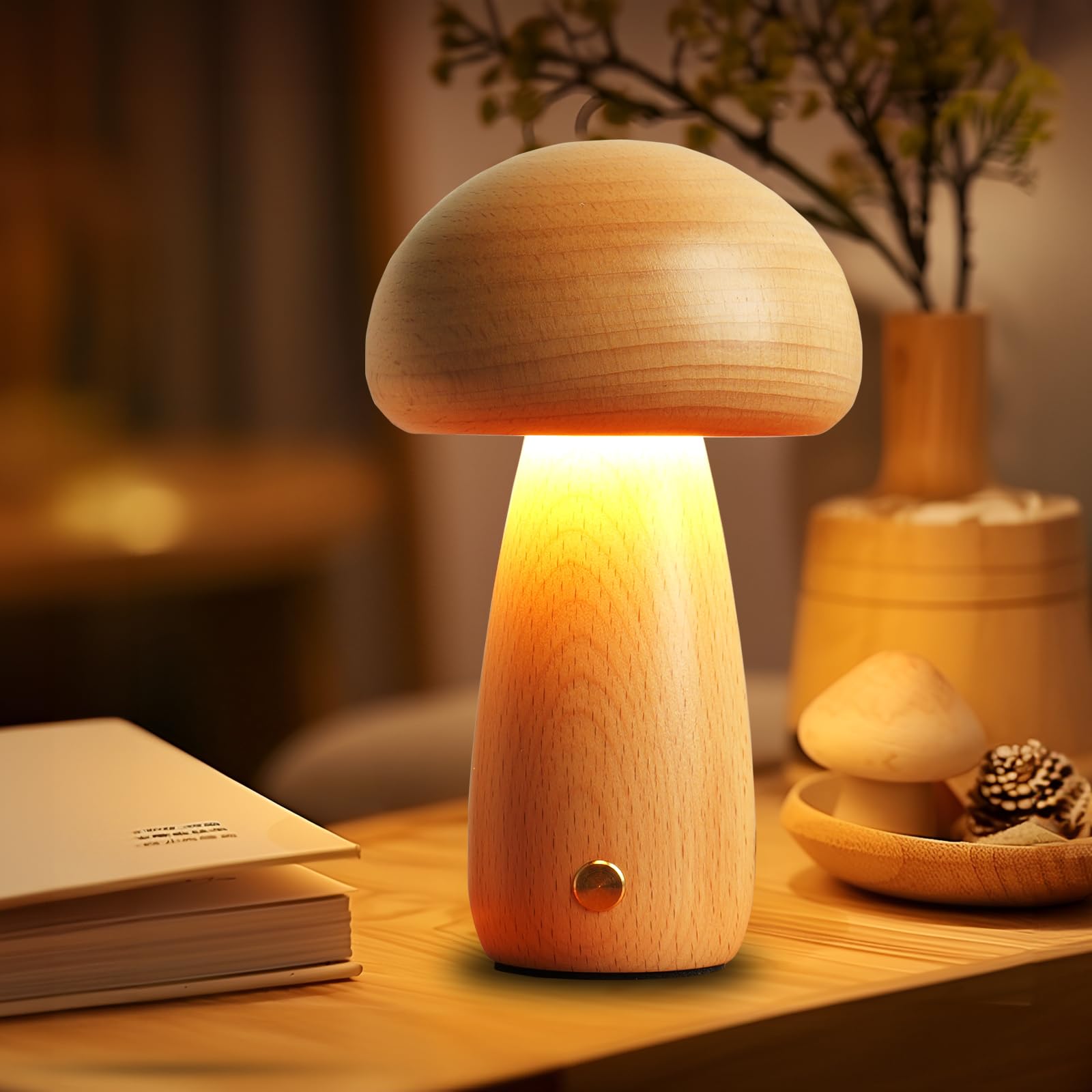 Lonrisway Wooden Mushroom Lamp For Bedroom, Portable Cordless Small Rechargeable Battery Operated Lamp,Stepless Dimming, Night Light For Birthday