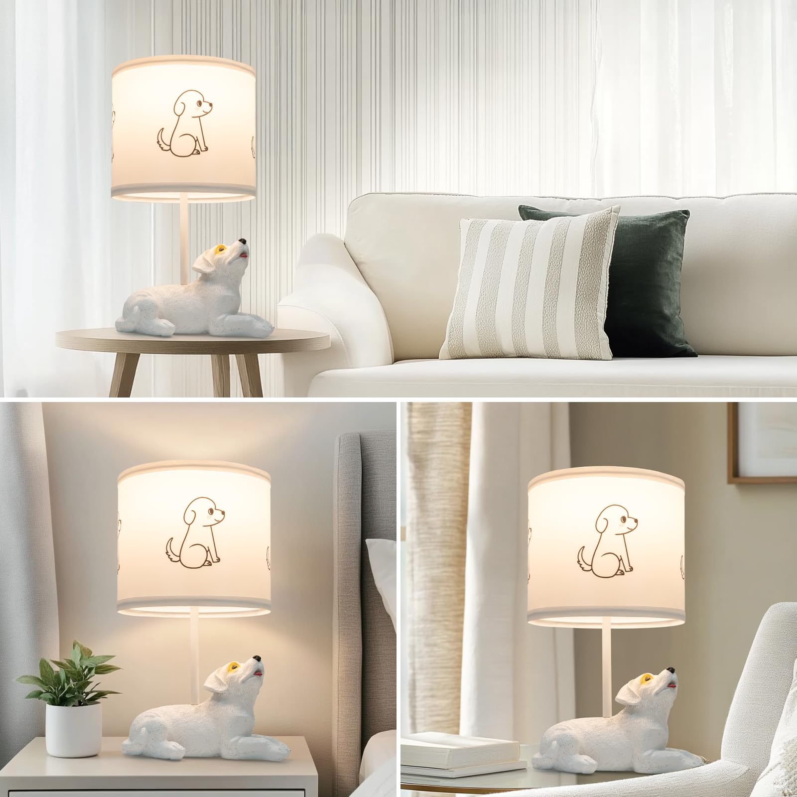 Velxee Table Lamp For Living Room, Farmhouse Bedside Resin Single Lamp With White Dog Lamp Shape For Bedroom Retro Rustic Nightstand Lamp