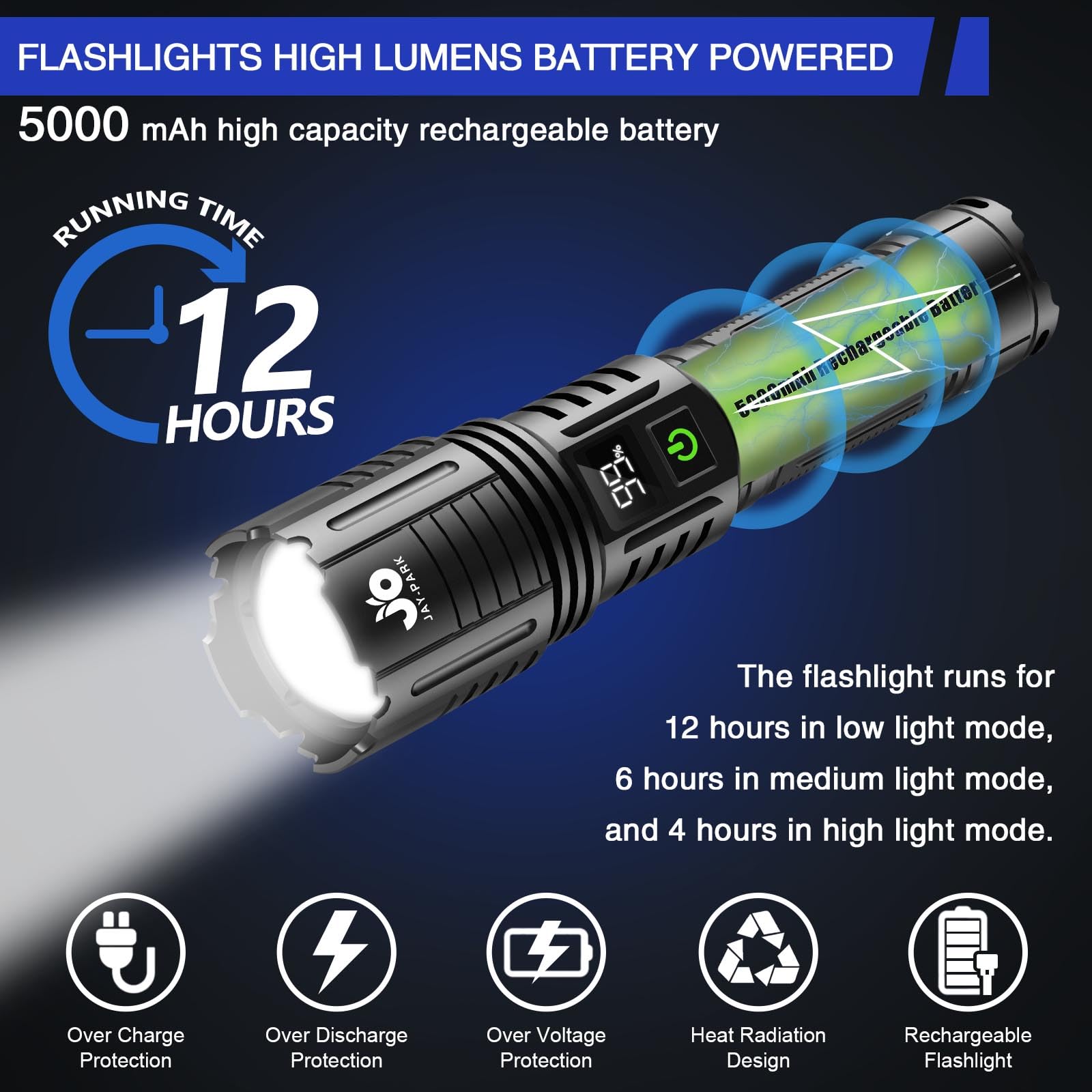 Jay-Park Rechargeable Flashlights 1000000 Lumen, Led Flashlight With Digital Power Display And Zoomable, Flashlights High Lumen Super Bright Long Distance For Camping, Bushcraft, Outdoor
