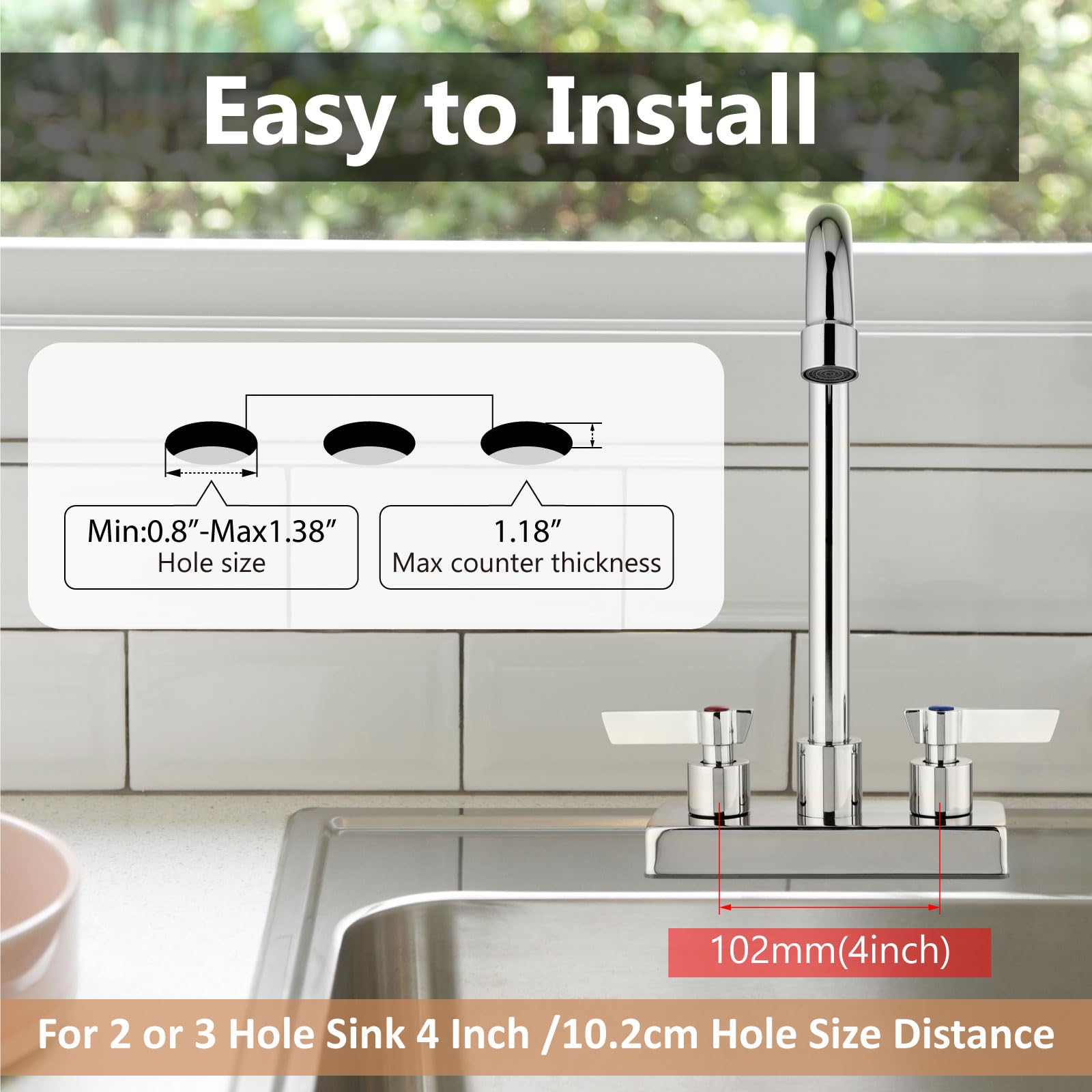 Gbbne Bar Sink Faucet 4 Inch Center Deck Mount,2 Hole Prep Sink Faucet Dual Handles Commercial Utility Laundry Kitchen,Polished Chrome