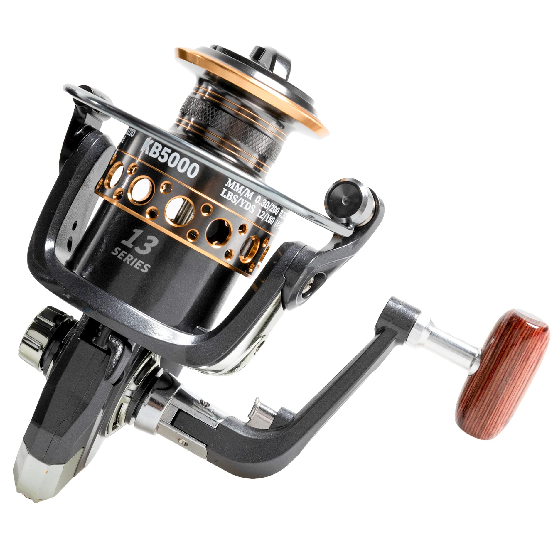 Khui-Uah Kuifa Spinning Fishing Reels With Left/Right Interchangeable Collapsible Wood Handle Powerful Metal Body 5.2:1 Gear Ratio Smooth 13Bb Cnc Aluminum Spool For Saltwater Freshwater (5000)