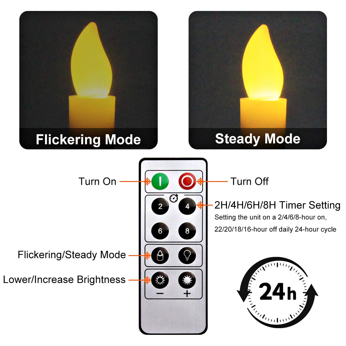 Kithouse 10 Set Christmas Window Candles Lights With Timer Battery Operated Electric Led Taper Candles Flameless For Windows, Gold Candle Holders, Suction Cups & 20 Pcs Battery Included (10 Set)