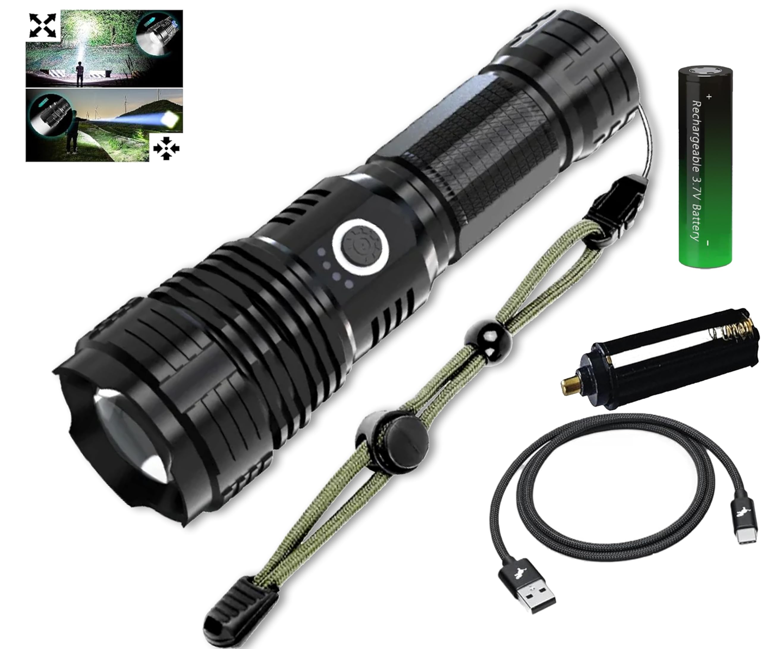 Shainart Rechargeable Utility Bright Flashlights,Super Bright High Power 990000Lm,5 Modes, Waterproof,Handheld Impact Resistant, Usb/Usb-C Cable Rechargeable Battery Included, Extra Aaa Battery Case