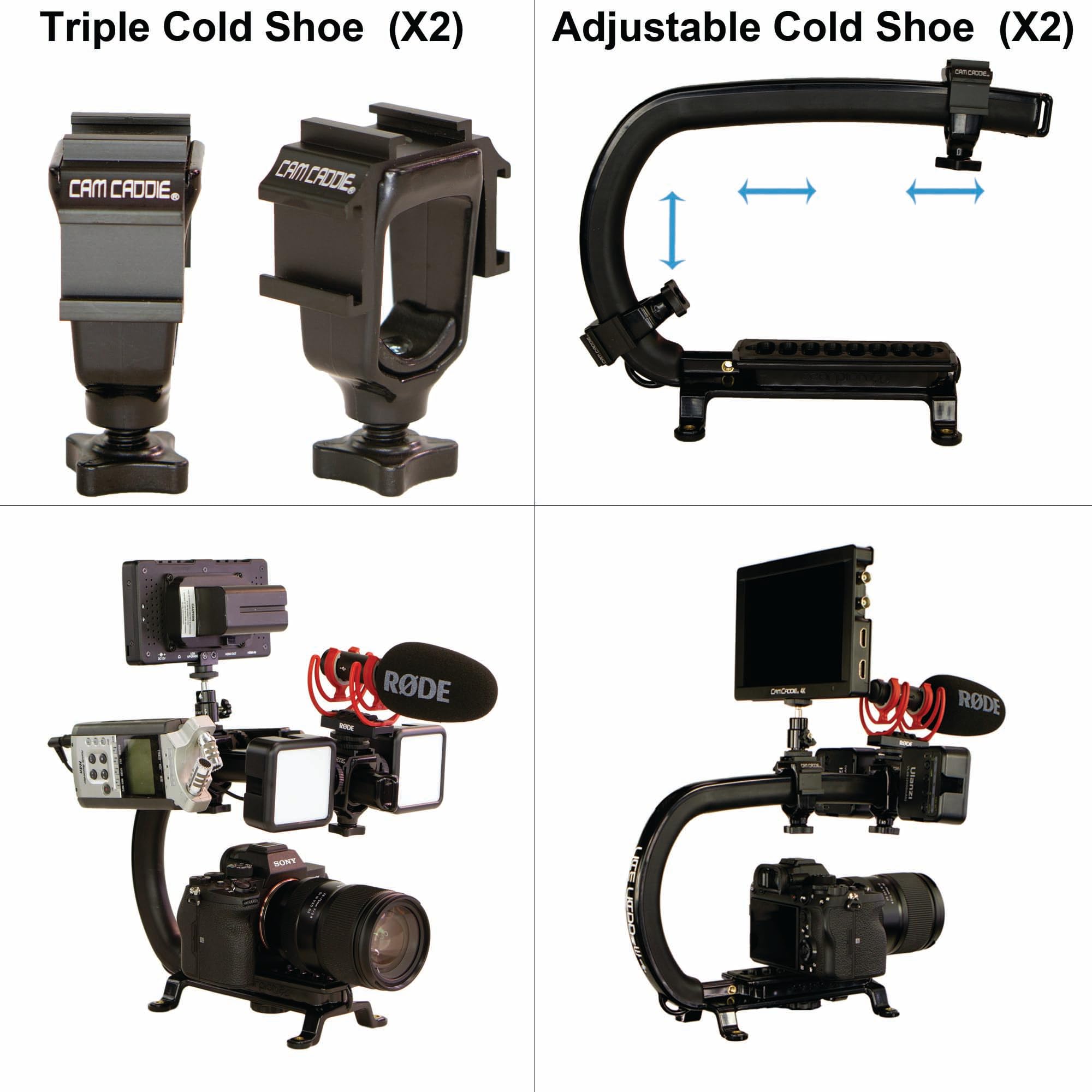 Cam Caddie Scorpion Ex Video Action Stabilizing Rig Handle Grip Handheld Stabilizer With Hot-Shoe Mount For Canon Nikon Sony Panasonic Dslr & Mirrorless Camera Camcorder (Triple Cold Shoe (X2))