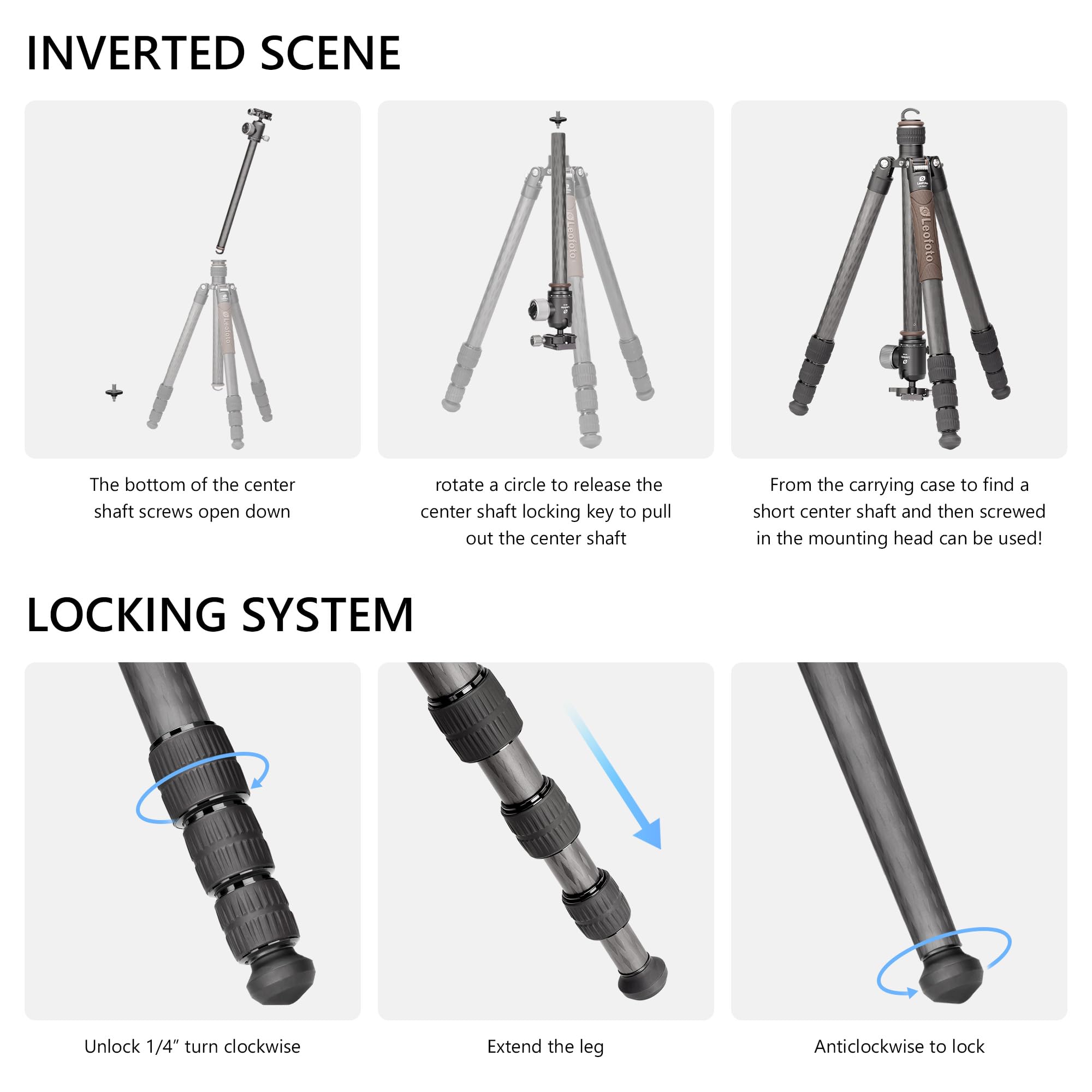 Leofoto Portable Reversible Travel Tripod, Carbon Fiber Camera Tripod With Ball Head, With 360° Detachable Center Column, Folded Length 485Mm, Max Load 15Kg (Lx-324Ct+Xb-38)