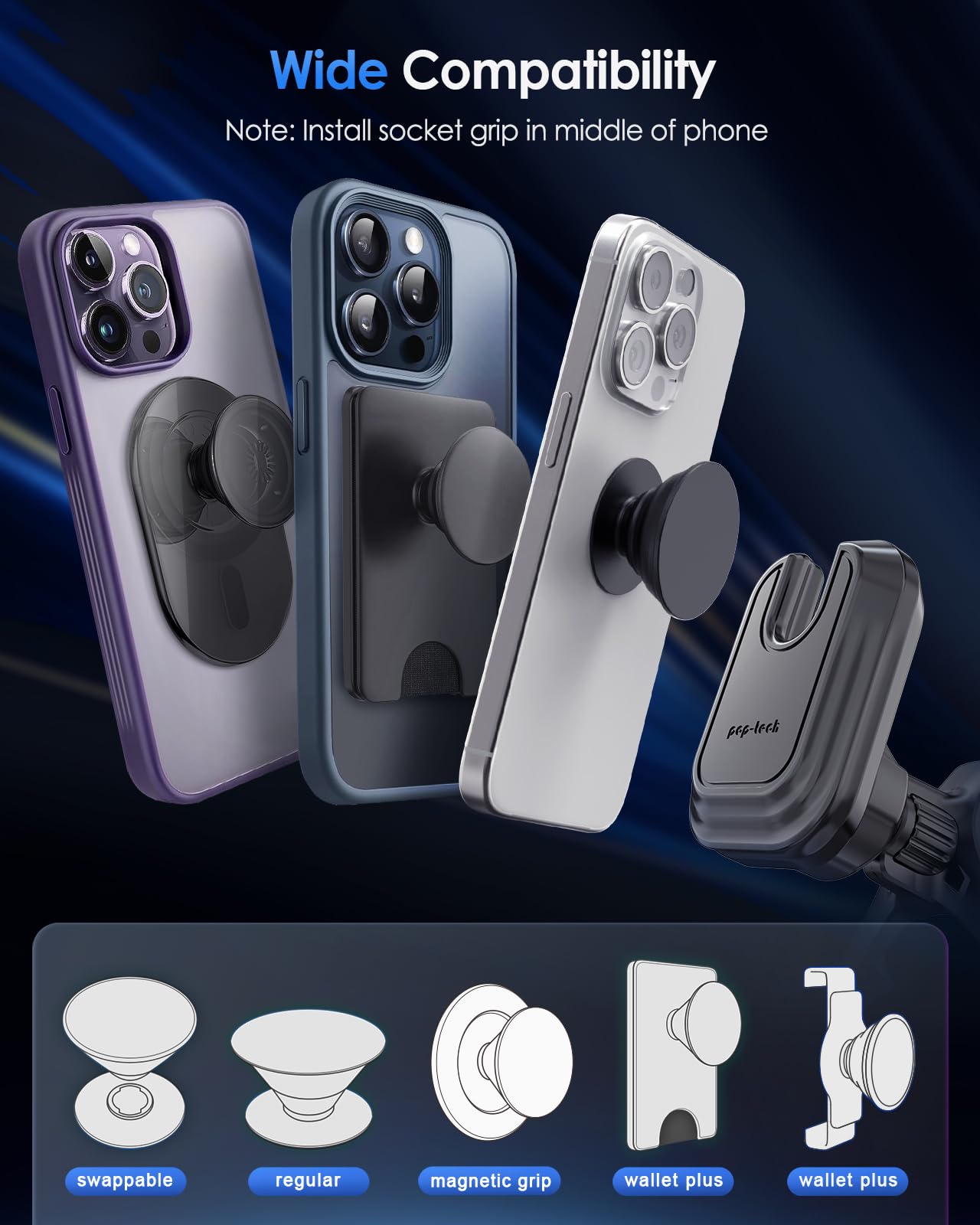 Pop-Tech Car Vent Phone Mount: Cell Phone Holder For Thicker Socket Grip & Iphone 16 15 Samsung Case Magsafe Card Holder, Universal Hook Clip Mount For Round/Horizontal/Vertical Air Vent (Black)