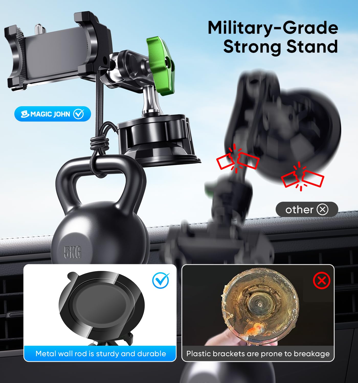 Magic John Car Phone Holder, Ultra-Durable Mteal Phone Holders For Your Car, 360° Rotation Cell Phone Car Mount For Windshield, Suction Cup Car Phone Mount For Iphone Samsung All Smartphone