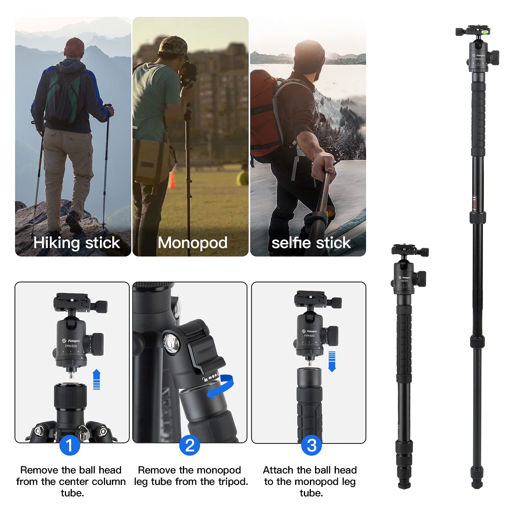 Zsftb Professional Ball Head Tripod For Camera, 58 Inch Aluminum Tripod With 14 Inch Quick Release Plate, Monopod For Travel, Max Load 33Lbs15Kg (E-5I)