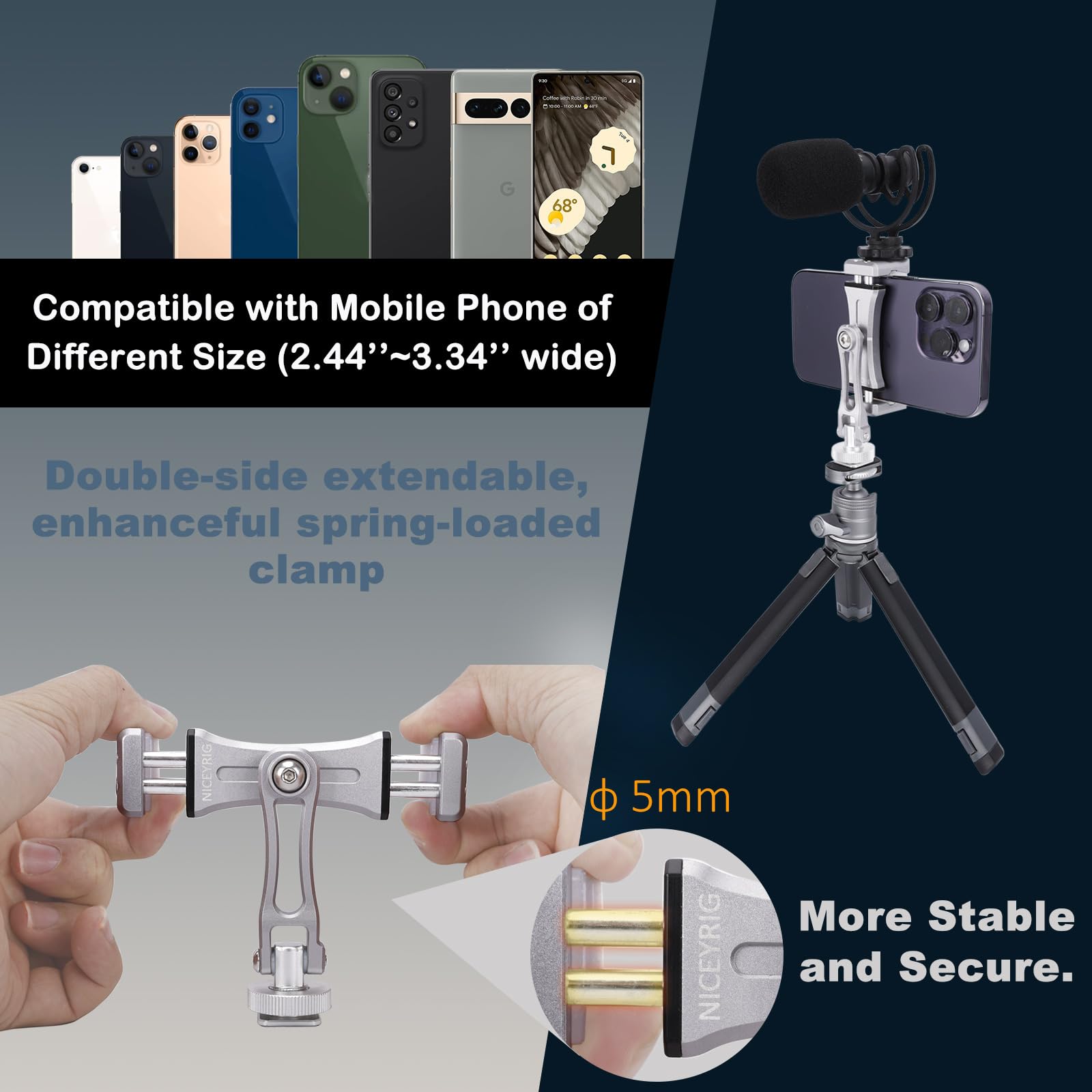 Niceyrig Aluminum Camera/Tripod Mount Phone Holder For Iphone 15/14/13/12 Pro 6.1'', Pro Max 6.7’’, Video Recording Vlog Lives Photography Support Stable Clamp - 576