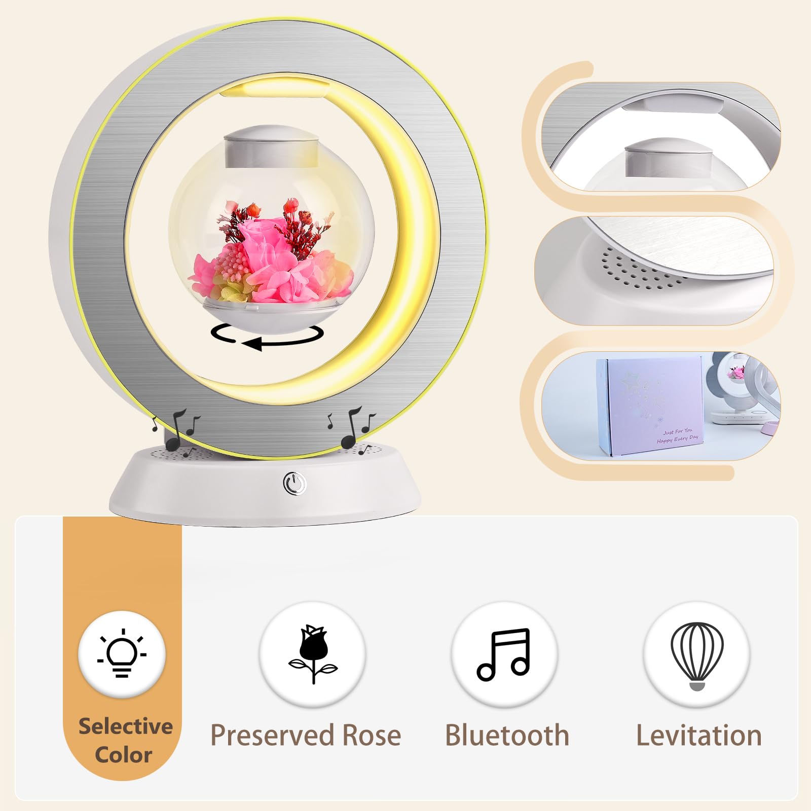 Lovelin Magnetic Levitation Circle Table Lamp With Bluetooth Speaker,5W Led Night Light,Three Variable Color,Automatic Rotating Preserved Flowers Creative Home Office Ornament Rotundity Layout