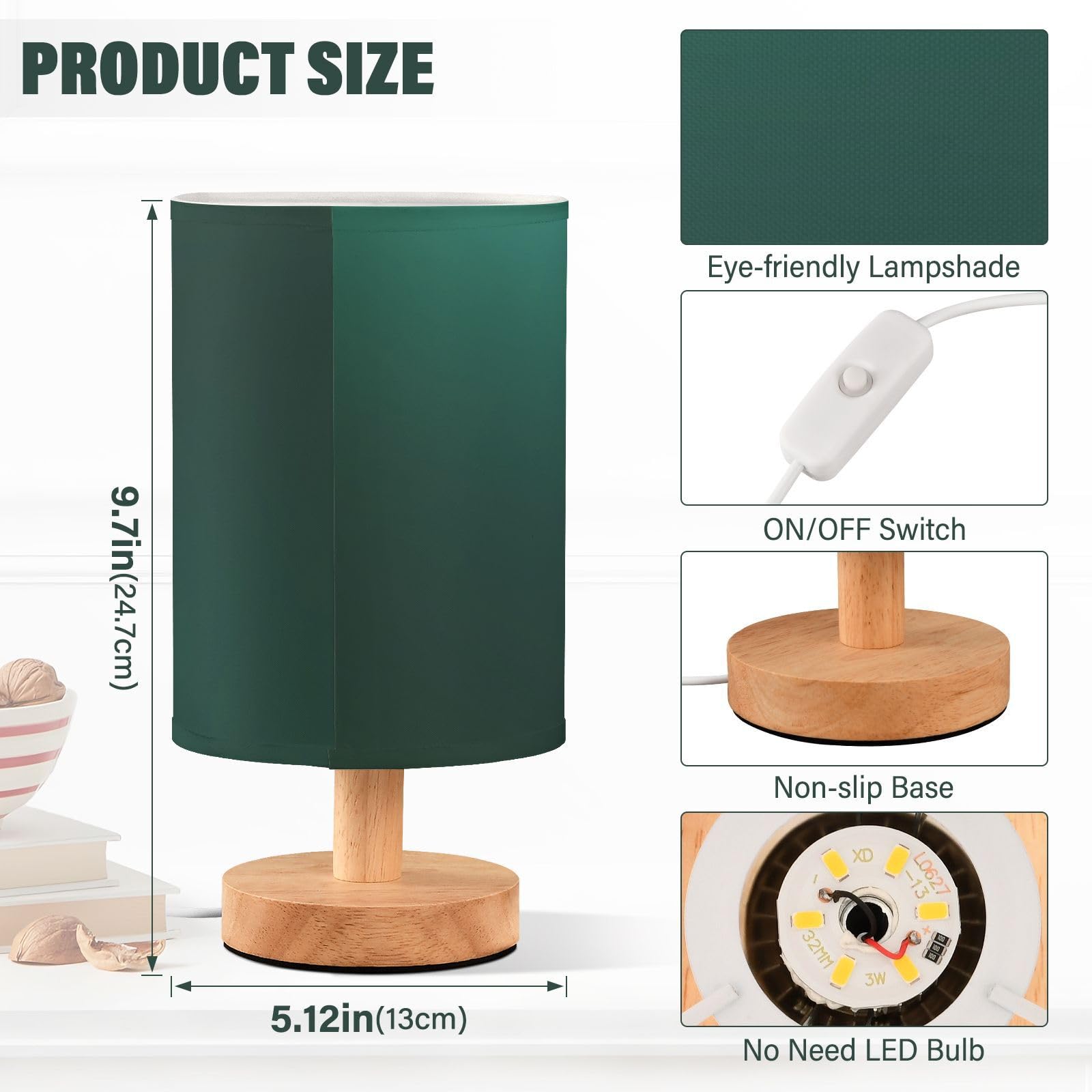 Kigai Bedside Table Lamp Small Led Table Lamp Nightstand Lamp With Linen Round Lampshade Side Table Lamp For Livingroom Bedroom Office Reading Working, Bulbs Included, Dark Green