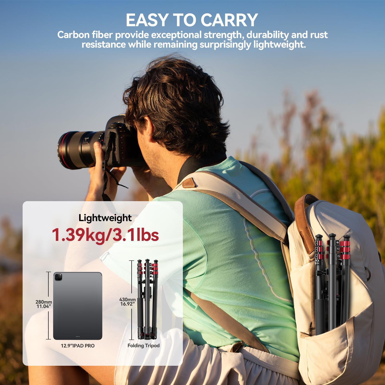 Takerers Carbon Fiber Tripod For Camera Dslr, 62''/158Cm Professional Camera Tripod Stand, Travel Portable Video Compact Stand For Sony Nikon Canon Dslr Etc,360° Mental Ball Head, Max Load 26.5Lb/12Kg