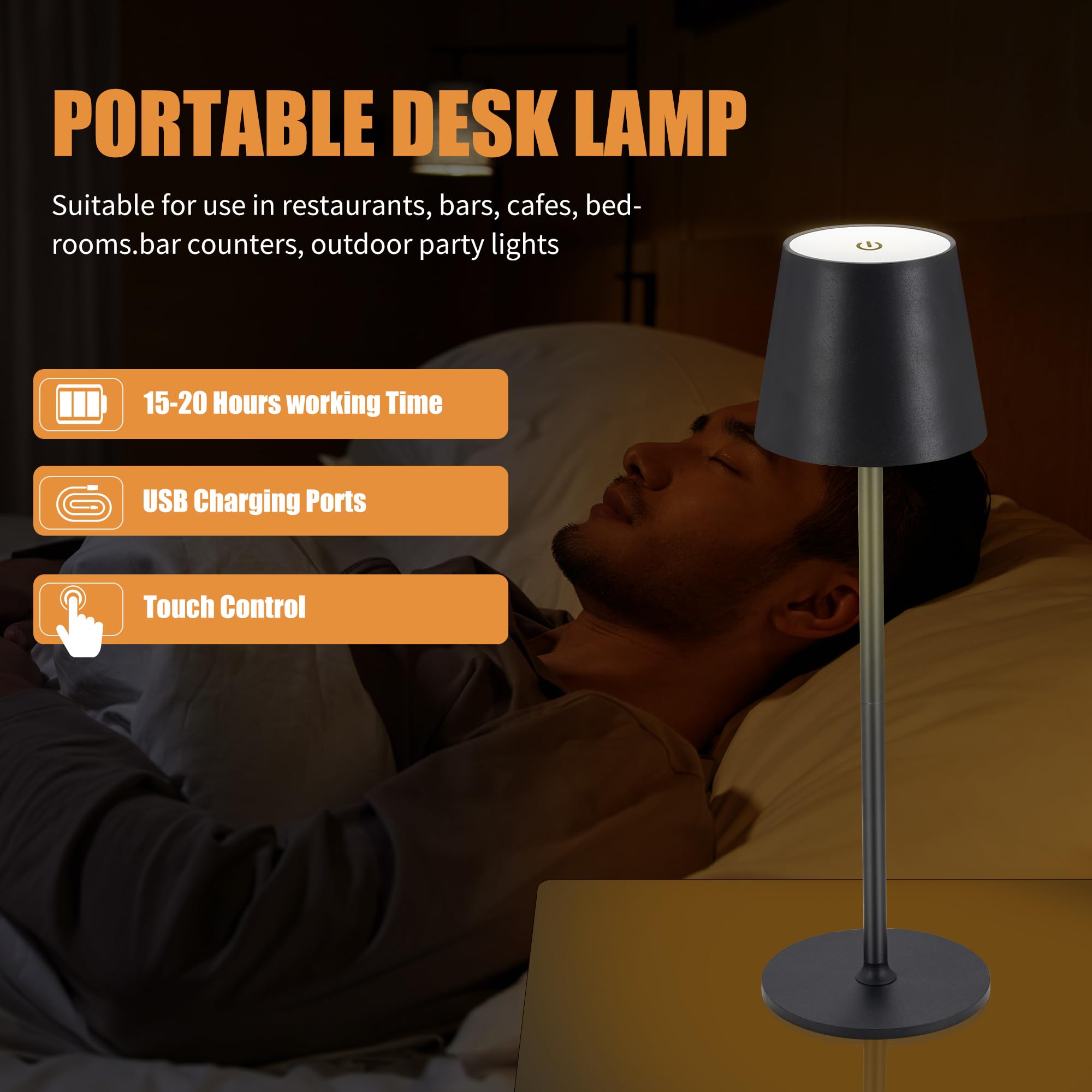 Imqsqik Cordless Table Lamps Usb Rechargeable Lamp Simplicity Desk Lamp Built-In 4600 Mah Battery Led Battery Operated Lamp With Touch Control Table Lamp - Bedroom/Desk/Reading/Patio(2Pcs-Black)