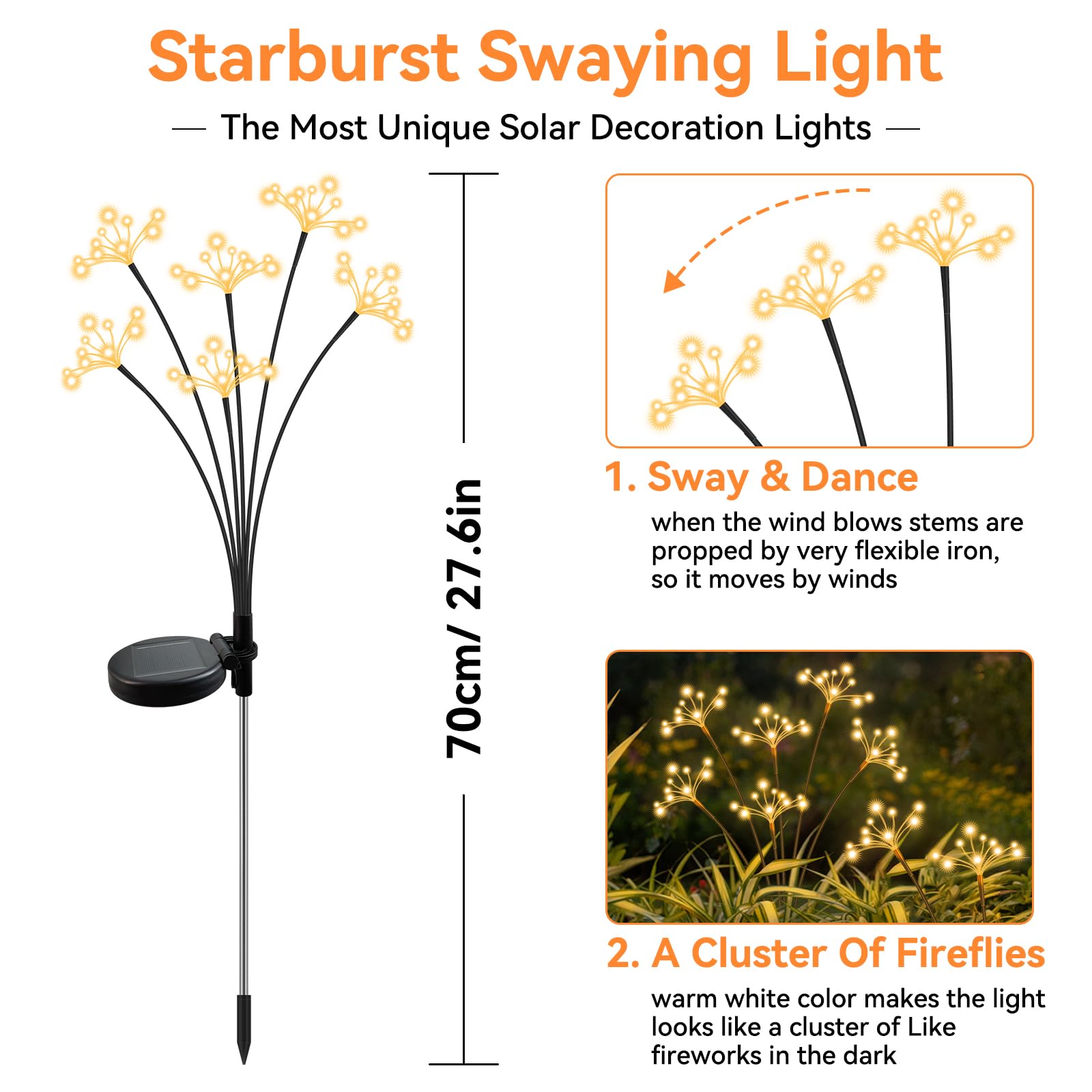 Jjgoo Solar Garden Lights, 2 Pack Waterproof Solar Swaying Starburst Light, Solar Outdoor Lights, Solar Garden Decor Fireworks For Yard Patio Pathway, Warm White