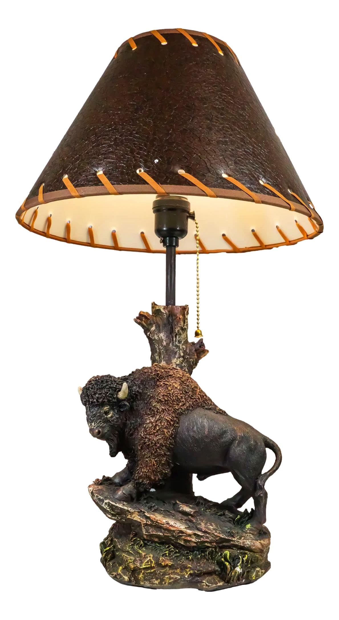 Ebros Gift Country Western Wild Bison Buffalo Cattle Roaming Grassland Sloped Rocks By Tree Stump Desktop Table Lamp Figurine With Shade Rustic Wildlife Bisons Bulls Home Lighting Accent