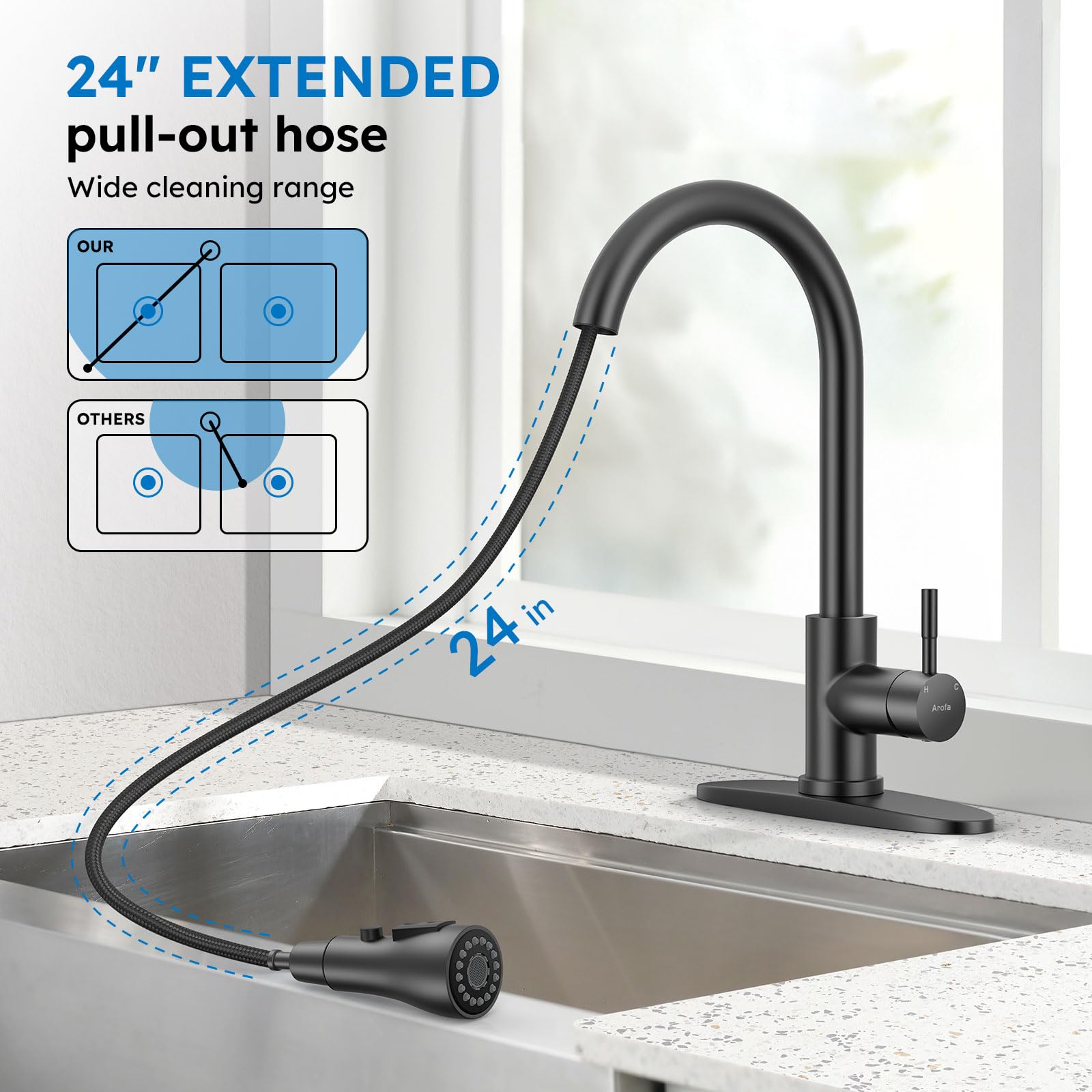Arofa Matte Black Kitchen Faucet, Kitchen Sink Faucet With Pull Down Sprayer Single Handle Stainless Steel Commercial Modern For 1 Or 3 Hole Farmhouse Camper Laundry Utility Rv Bar Sinks