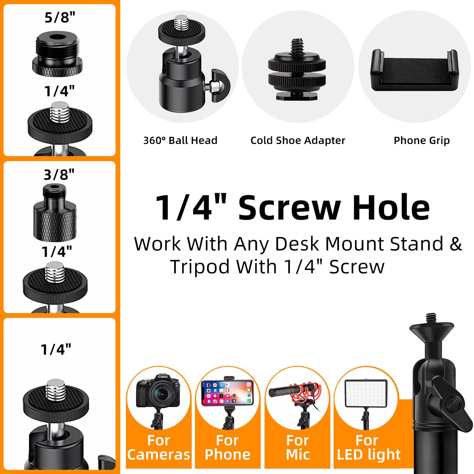 Obeamiu Overhead Camera Mount Desk Stand, Flexible Articulated Arm Dslr Desk Mount Light Stand Phone Holder With 1/4" 3/8'' 5/8'' Screw, Clamp Tabletop Stand For Podcasting/Light/Blue Yeti Nano/Webcam