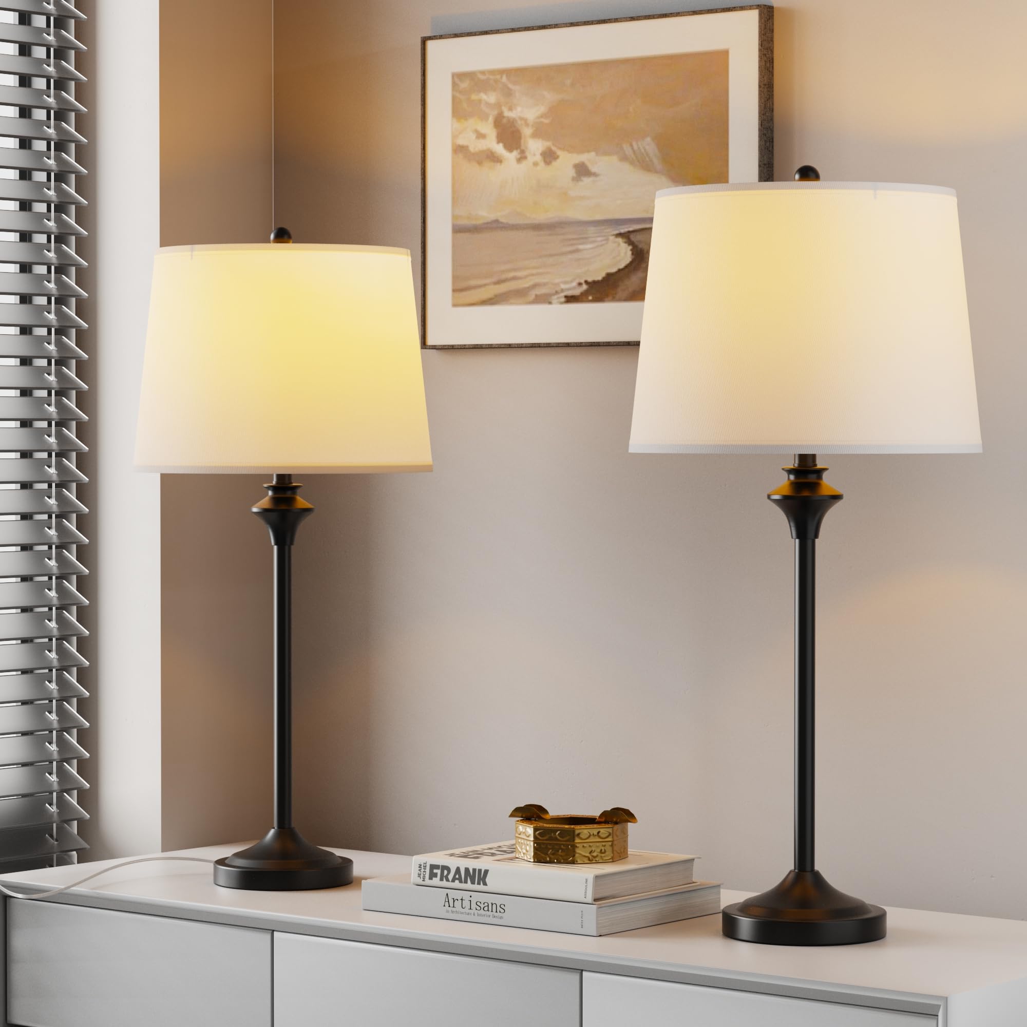 Hightry Table Lamps Set Of 2 For Living Room, Black Buffet Lamps Metal Nightstand Lamps With Oatmeal Fabric Shade, 26” Tall Bedside Desk Lamps For Bedroom, Living Room, Home Office