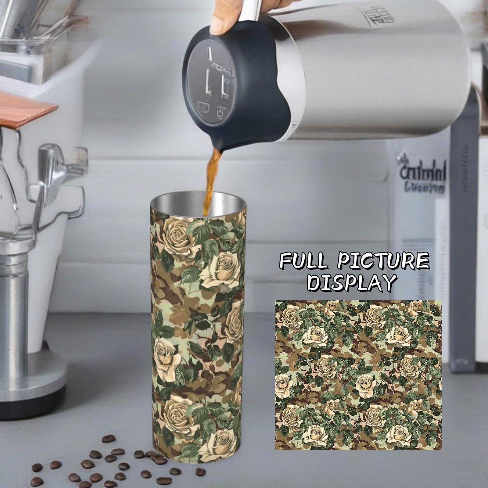 Camo Rose Stainless Steel Insulated Tumbler With Lid - 20Oz Camouflage Floral Travel Mug, Reusable