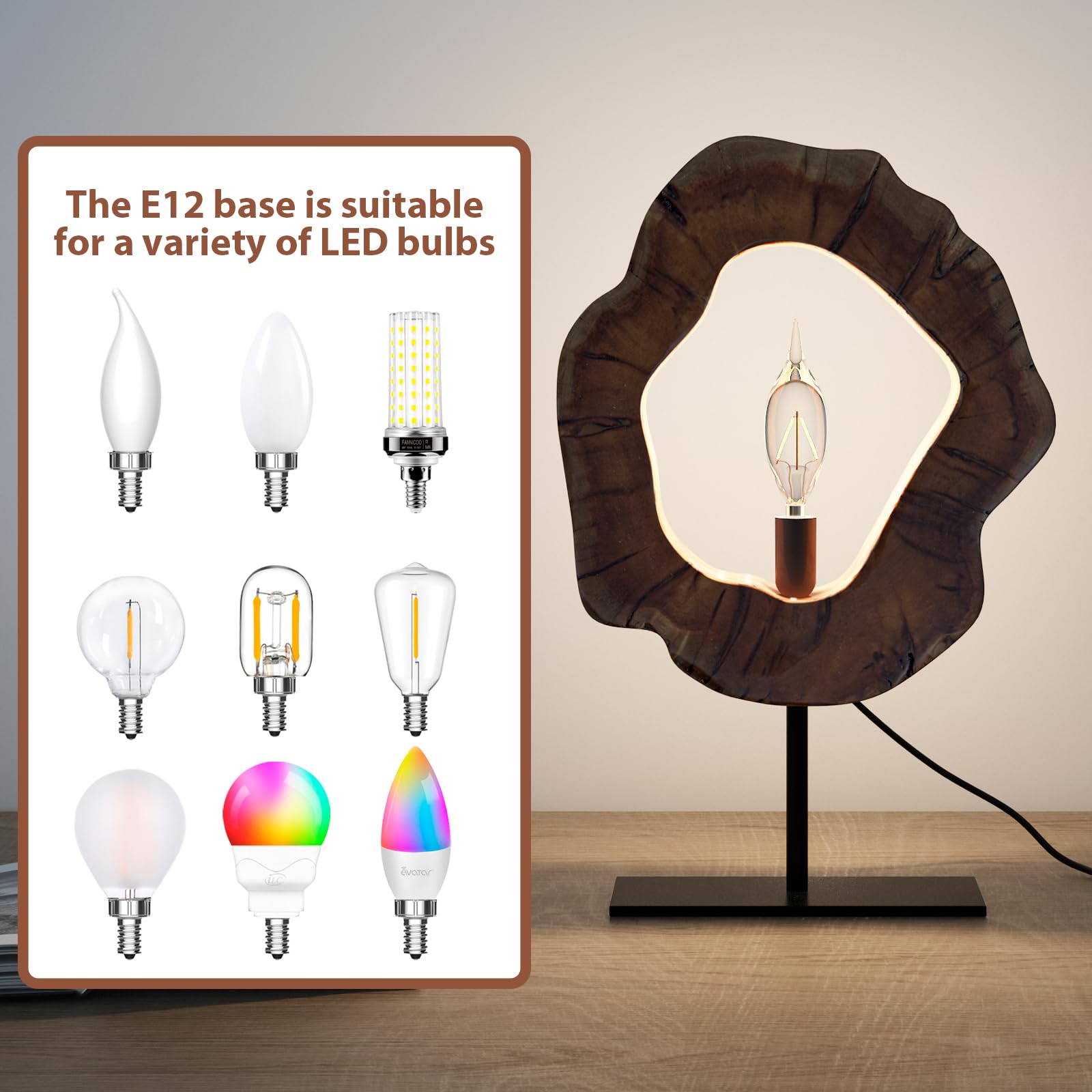 Laptain Wood Table Lamp, Irregular Jujube Tree Wooden Bedside Lamp, Creative Home Decor Table Lamp, Bedside Night Light For Bedroom, Living Room, E12, On-Off Button, Iron Base