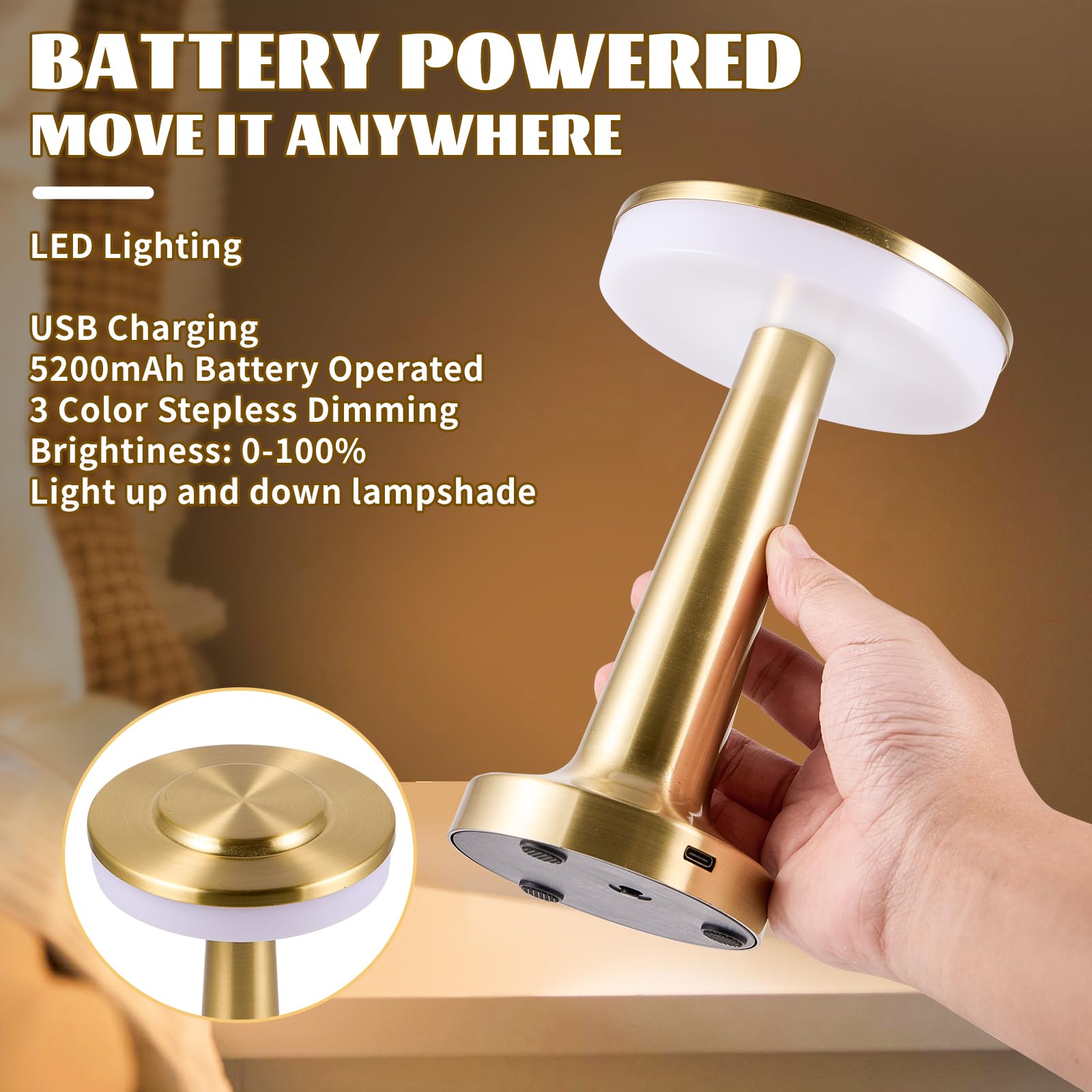 Hapygi Rechargeable Cordless Led Table Lamp ,Touch Sensor Light, Battery Operated Lamp，3-Levels Portable Dimming Lamp ,Bedside Lamp/ Night Light/Restaurant /Outdoor/Coffee /Bar (Gold)…