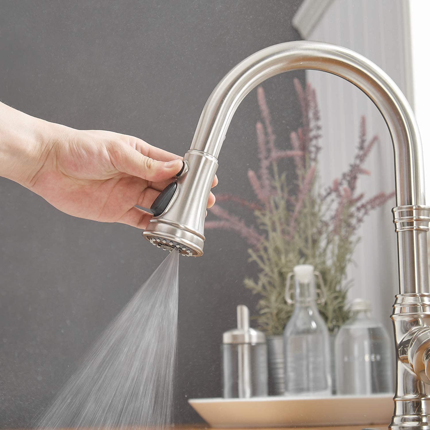 Bathfinesse Kitchen Sink Faucet Brushed Nickel With Pull Down Sprayer 3 Mode Faucet For Kitchen Sink Single Handle High Arc Commercial Stainless Steel Pull Out Rv Kitchen Faucet Bar,Deck Plate Include