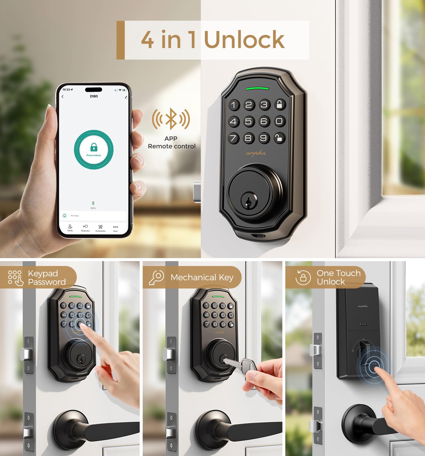 Arpha Smart Door Lock With Keypad & Bluetooth - Keyless Entry Handle Set, App Control, Auto Lock, Anti-Peep Code, 100 User Codes - Fits Us Standard Doors
