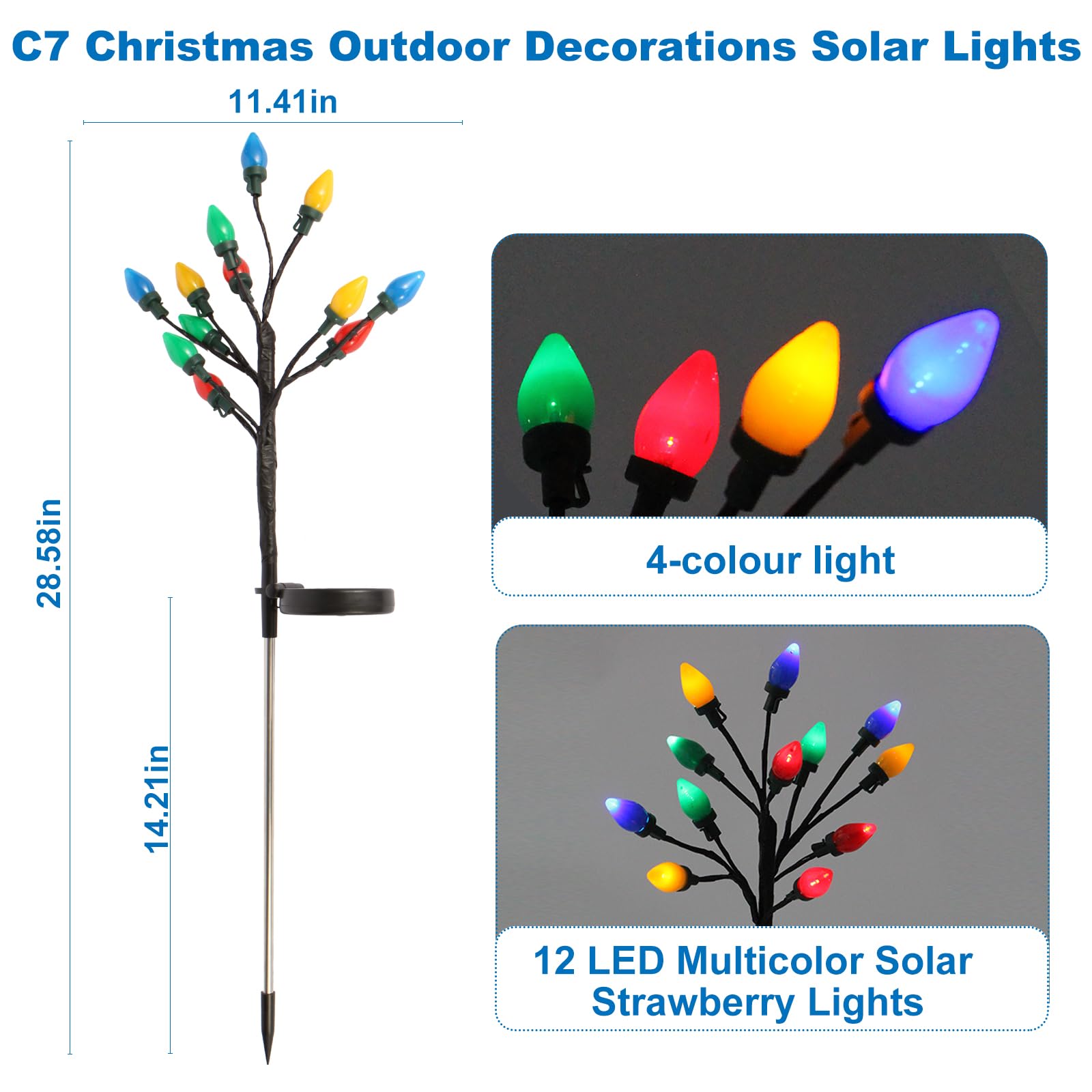 Ytsnjzhq C7 Solar Christmas Lights Outdoor, 4Pack Christmas Pathway Lights With 48 Led Strawberry Multicolor Lights, 8 Modes Outdoor Waterproof Christmas Decorations Lights For Garden,Yard,Pathway (4 Pack)