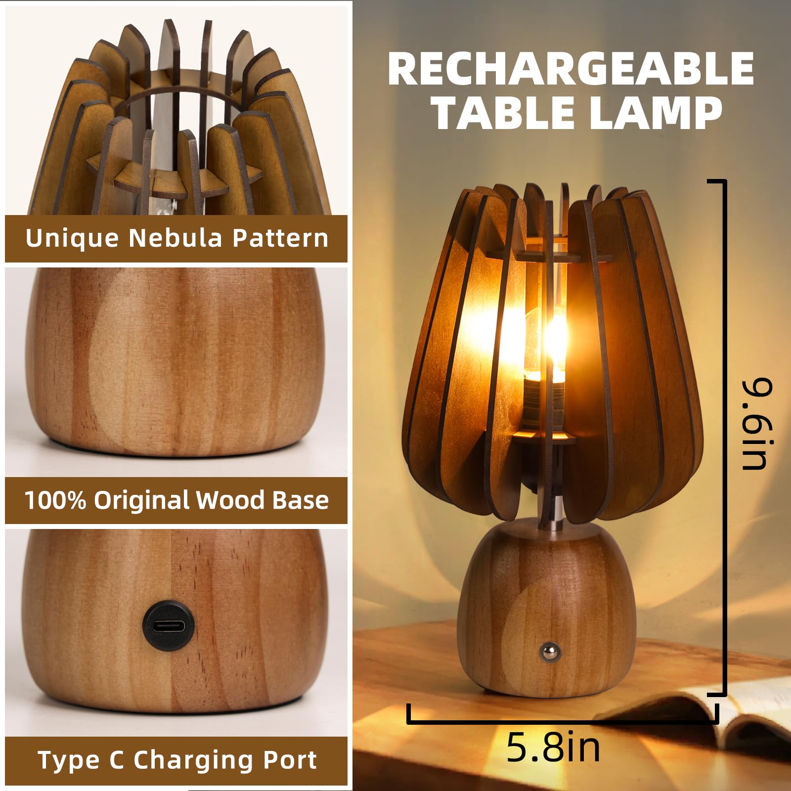 Mj Premier Rechargeable Table Lamp Cordless, Wooden Battery Operated Lamp With Touch Dimmer Switch - 1800Mah Mushroom Touch Lamp Wireless, Table Lamp For Bedroom/Livingroom/Bathroom/Kitchen/Corner/Entryway