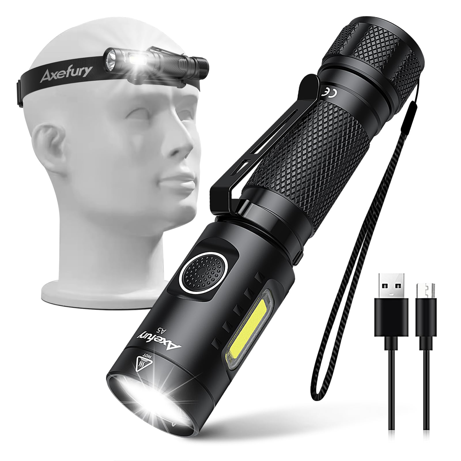 Axefury Flashlight, Rechargeable Handheld Flashlight With Removable Headband,Tactical Flashlight With Cob Worklight,700 Lumens,6 Modes,Waterproof For Camping,Emergency(Battery Included) 
