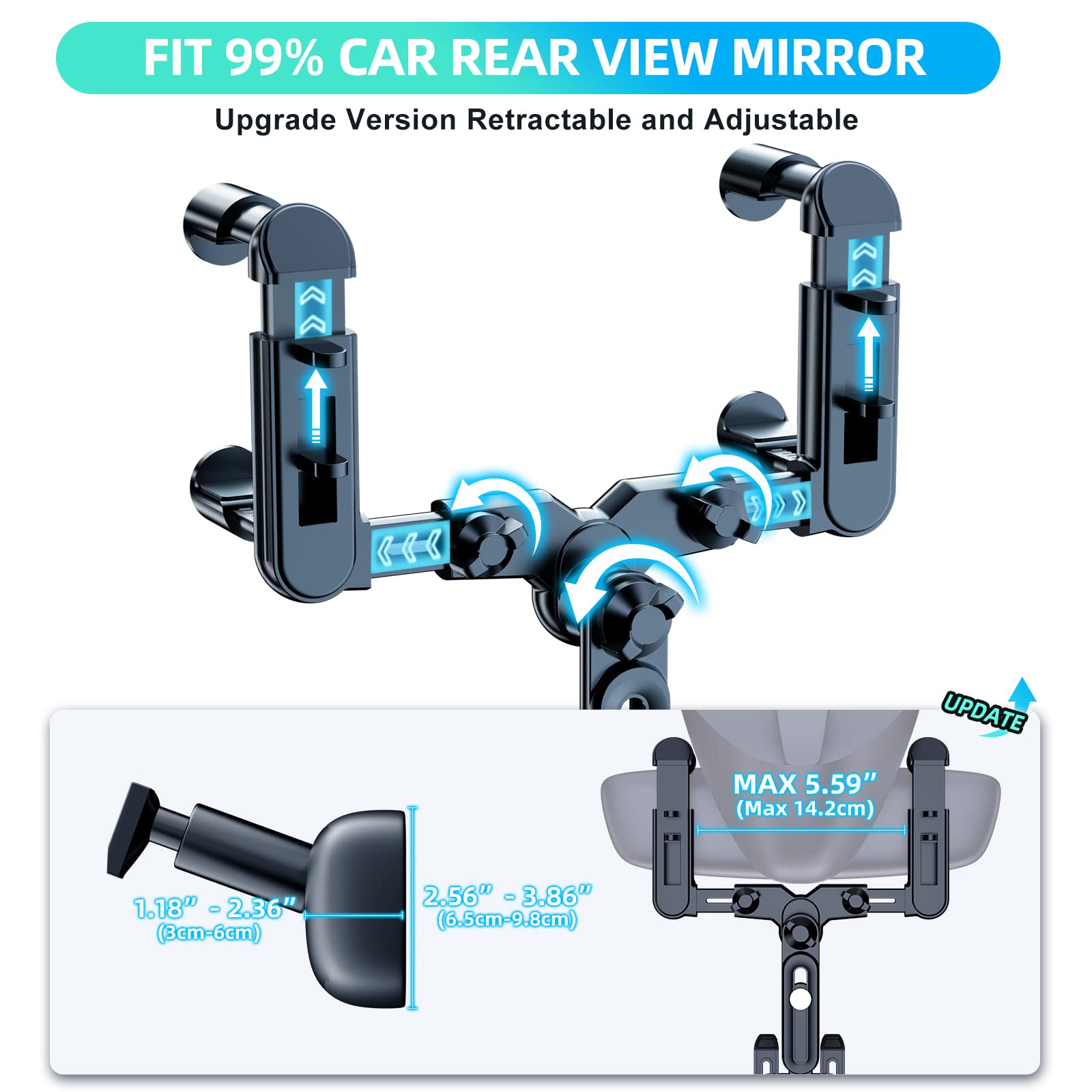 Fonken Phone Mount For Car, 360° Rotatable And Retractable Car Phone Holder Mount  Adjustment Rear View Mirror Phone Holder For Car Universal Rearview Mirror Cell Phone Car Mount Fit For All Smartphones