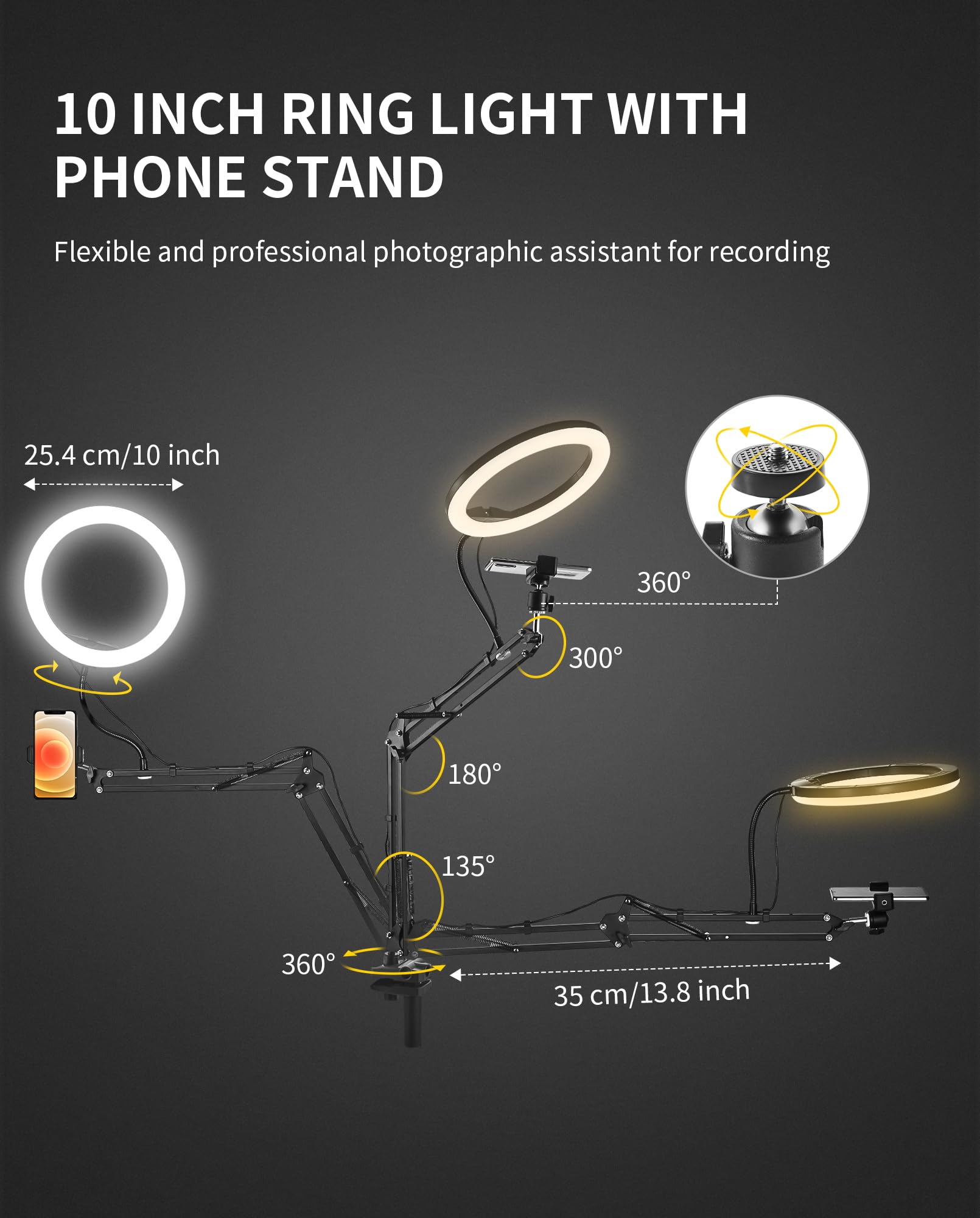 Lilanzo Overhead Camera Phone Mount, 10" Desk Ring Light For Computer, Overhead Tripod Phone Mount For Iphone Live Streaming/Laptop Conference/Chat/Makeup/Youtube/Tiktok/Vlog