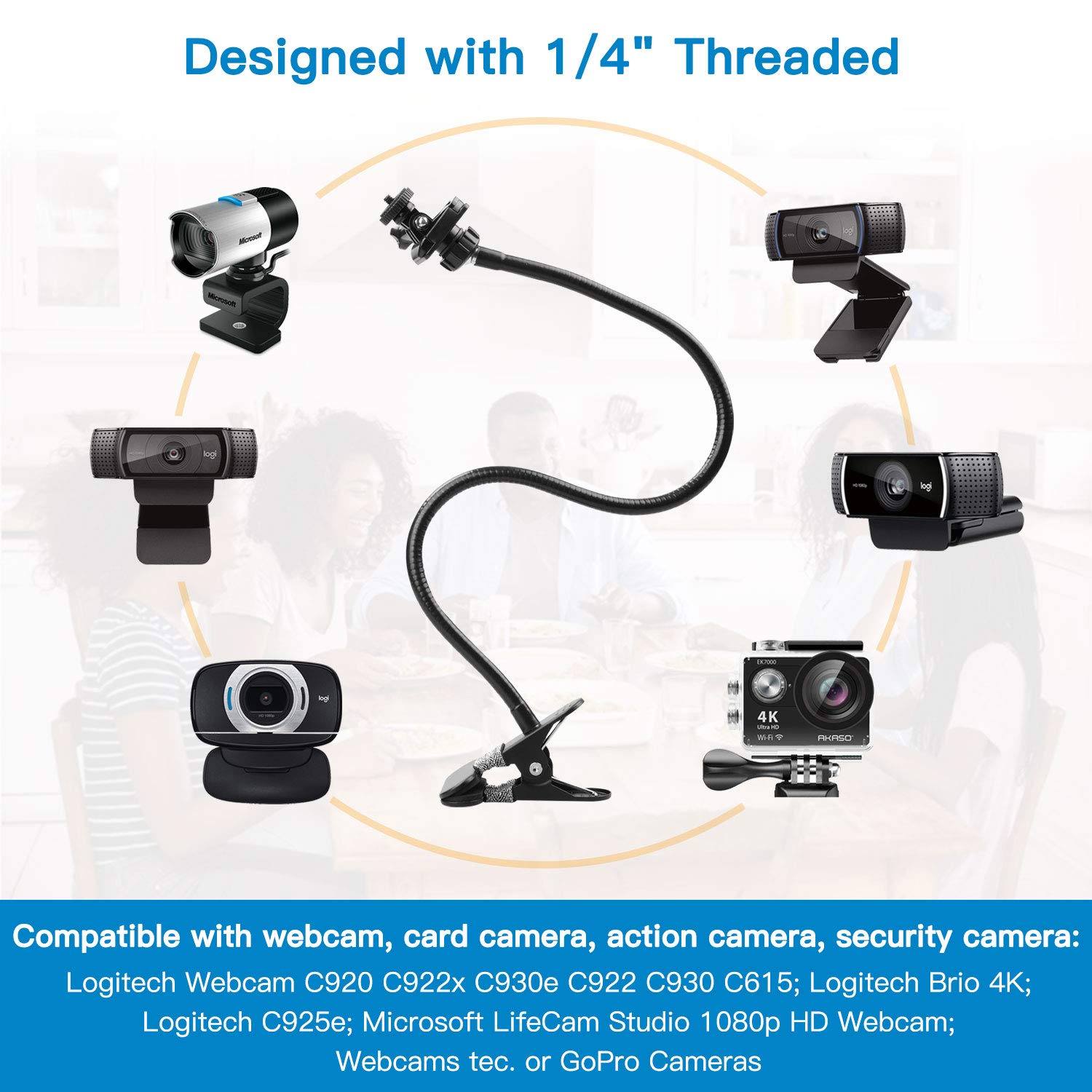 Pipishell 25 Inch Webcam Stand, Flexible Desk Mount Clamp Gooseneck Stand For Logitech Webcam C960 C930E C930 C920 C920S C922X C922 Brio 4K C925E C615 And Other Devices With 1/4" Thread-Piws01
