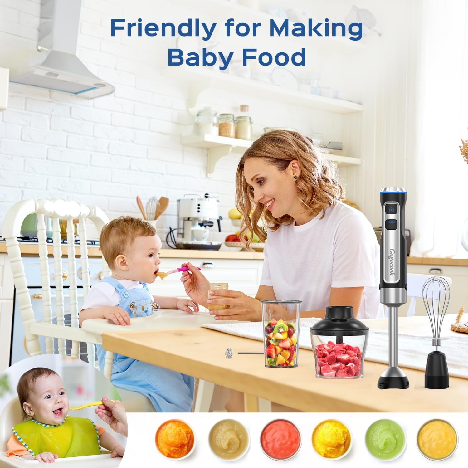 Gogocook Immersion Blender 5 In 1 Hand Blender, Electric Blender Max 1000W Heavy Duty Motor, 21 Speed & Turbo Mode Handheld Blender, Milk Frother, Egg Whisk, 800Ml Beaker, 600Ml Chopper Stainless Steel Blades
